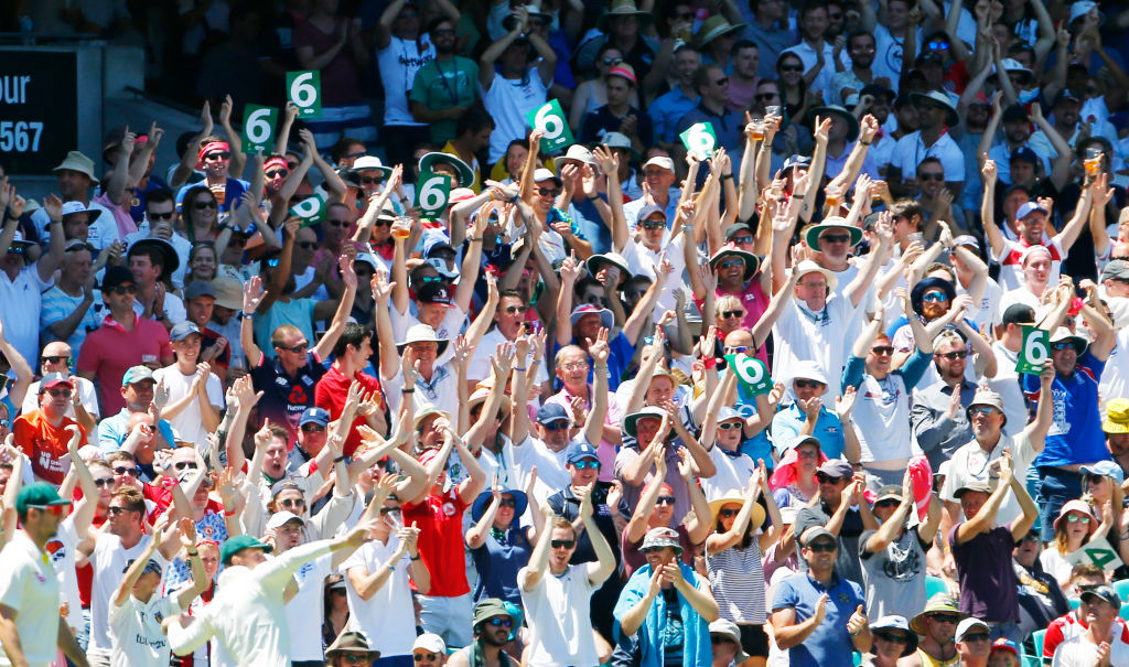 The Barmy Army celebrate a six hit by Stuart Broad during day two of the Ashes Test match in 2018.