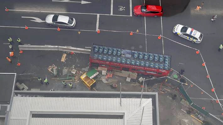 A bus has crashed into the City Rail Link construction site for the planned Aotea Station, injuring three people