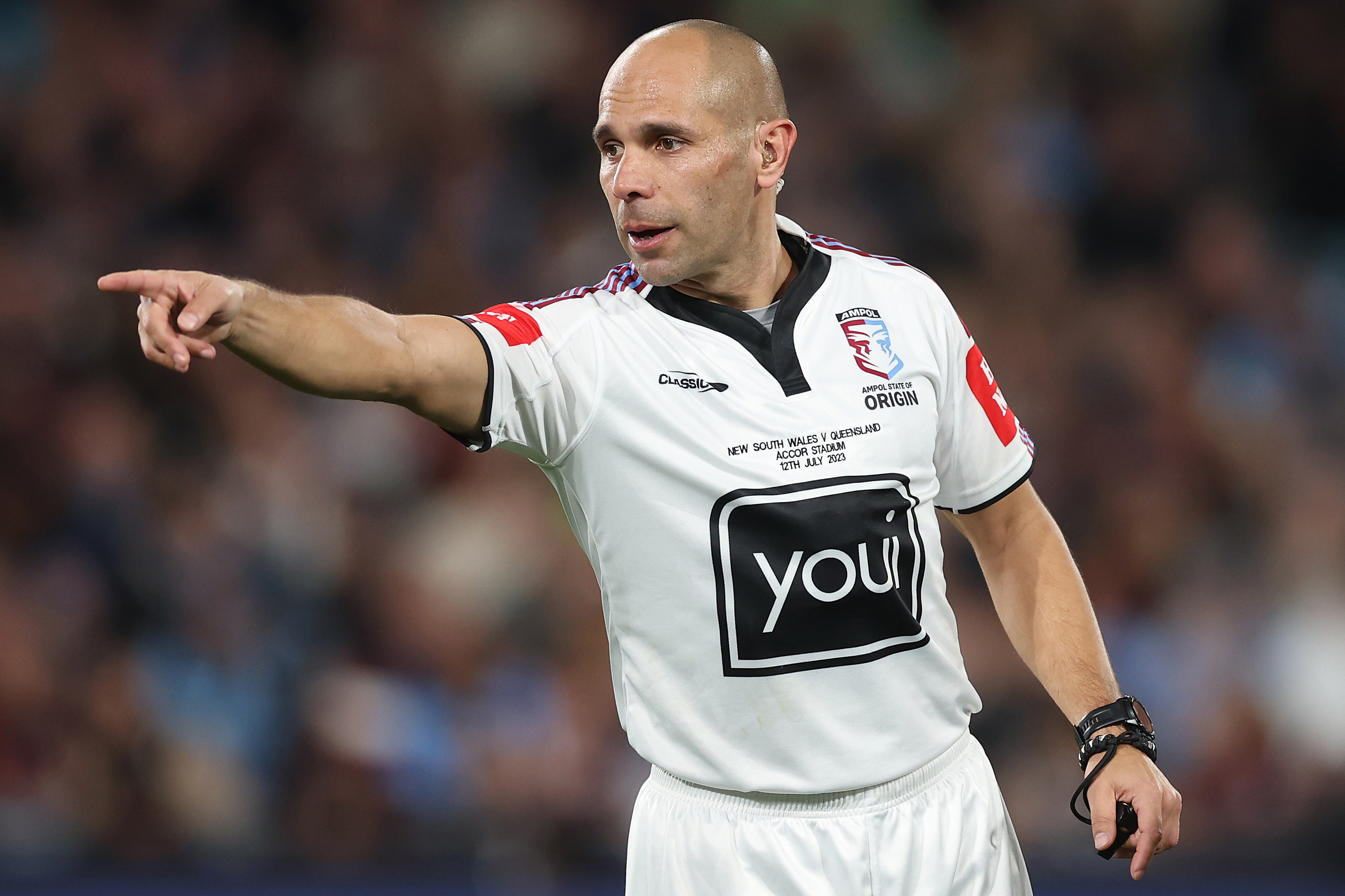 Referee Ashley Klein signals during game three of the State of Origin series between New South Wales Blues and Queensland Maroons at Accor Stadium on July 12, 2023 in Sydney, Australia. (Photo by Mark Kolbe/Getty Images)