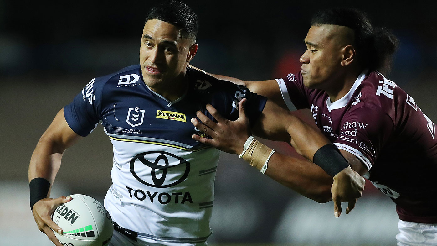 Valentine Holmes of the Cowboys is tackled during the round 14 NRL match between the Manly Sea Eagles and the North Queensland Cowboys at 4 Pines Park, on June 11, 2021, in Sydney, Australia. (Photo by Mark Metcalfe/Getty Images)