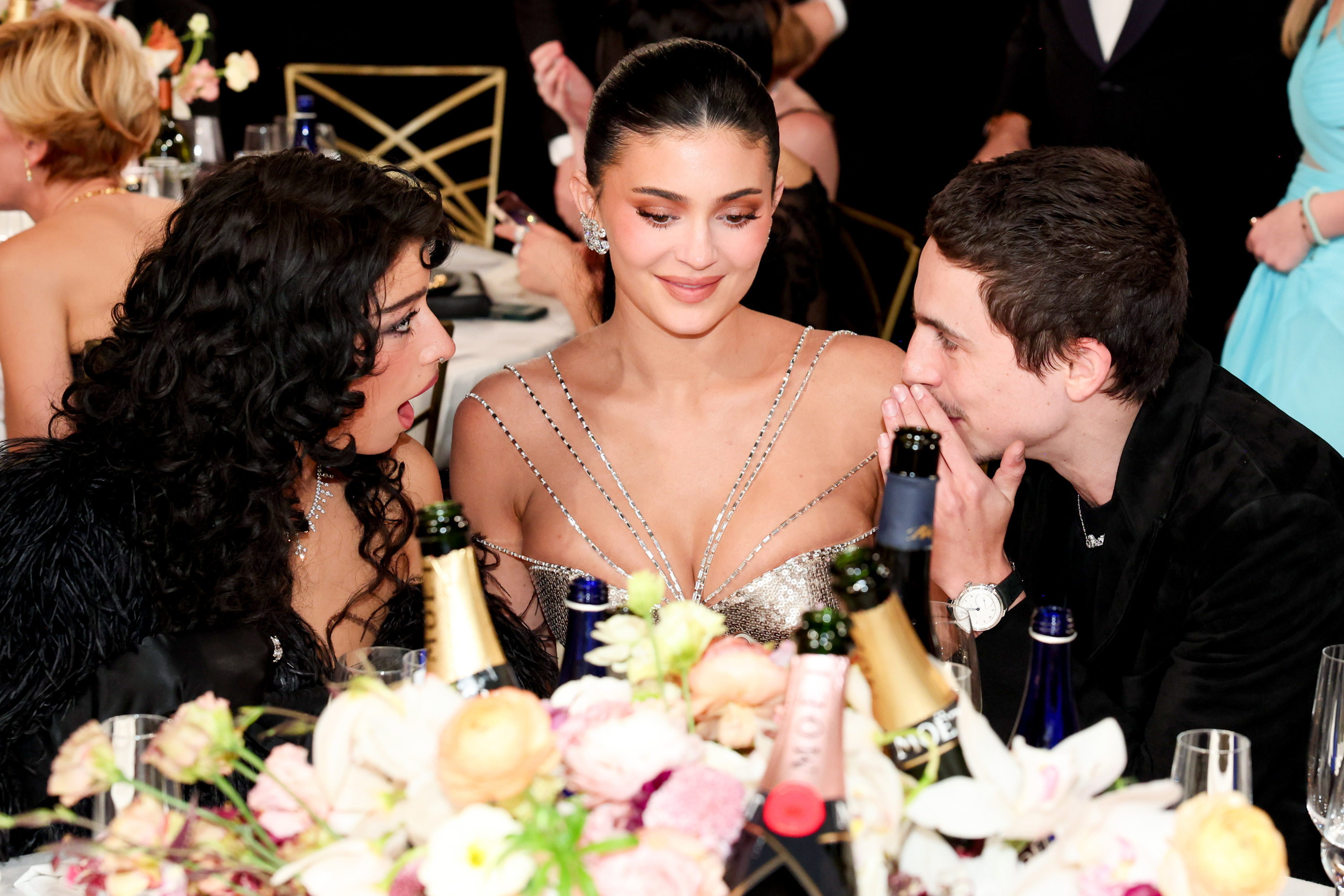 Odessa A'zion, Kylie Jenner and Timothée Chalamet at the 83rd Annual Golden Globes held at The Beverly Hilton on January 11, 2026 in Beverly Hills, California. (Photo by Christopher Polk/2026GG/Penske Media via Getty Images)