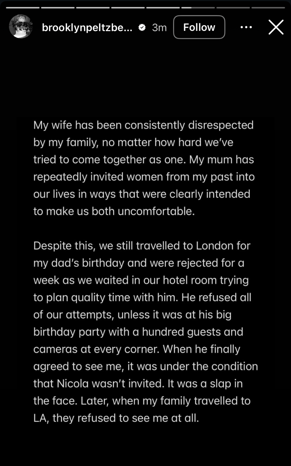 Brooklyn Beckham addresses family feud in new statement