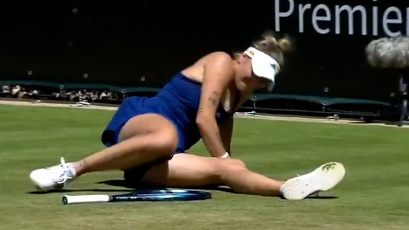 Marketa Vondrousova slips over in a Wimbledon warm-up match in Berlin.