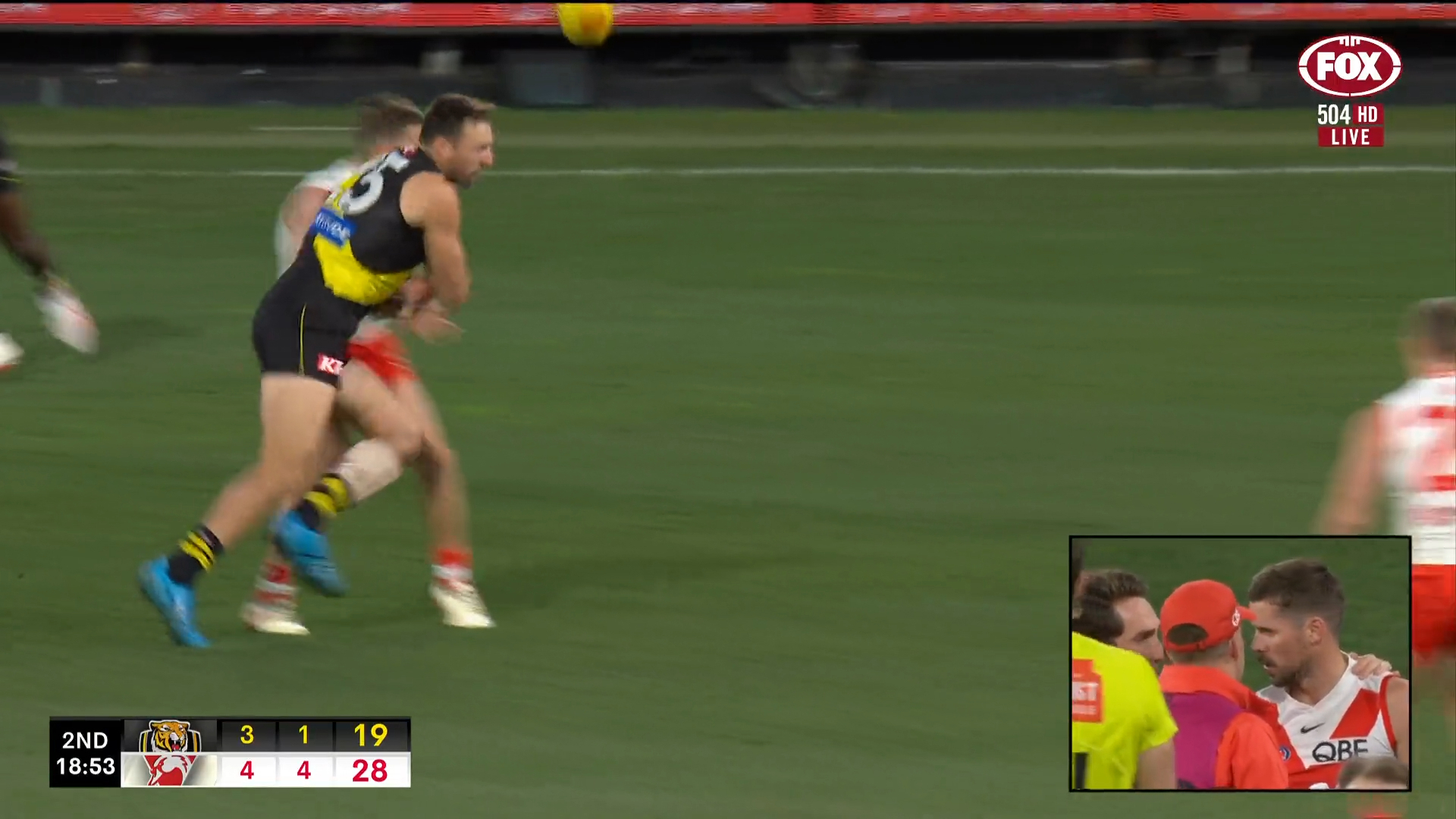 Sydney's Jake Lloyd was concussed and subbed out of his side's 13-point loss after a bump from Richmond's Toby Nankervis.