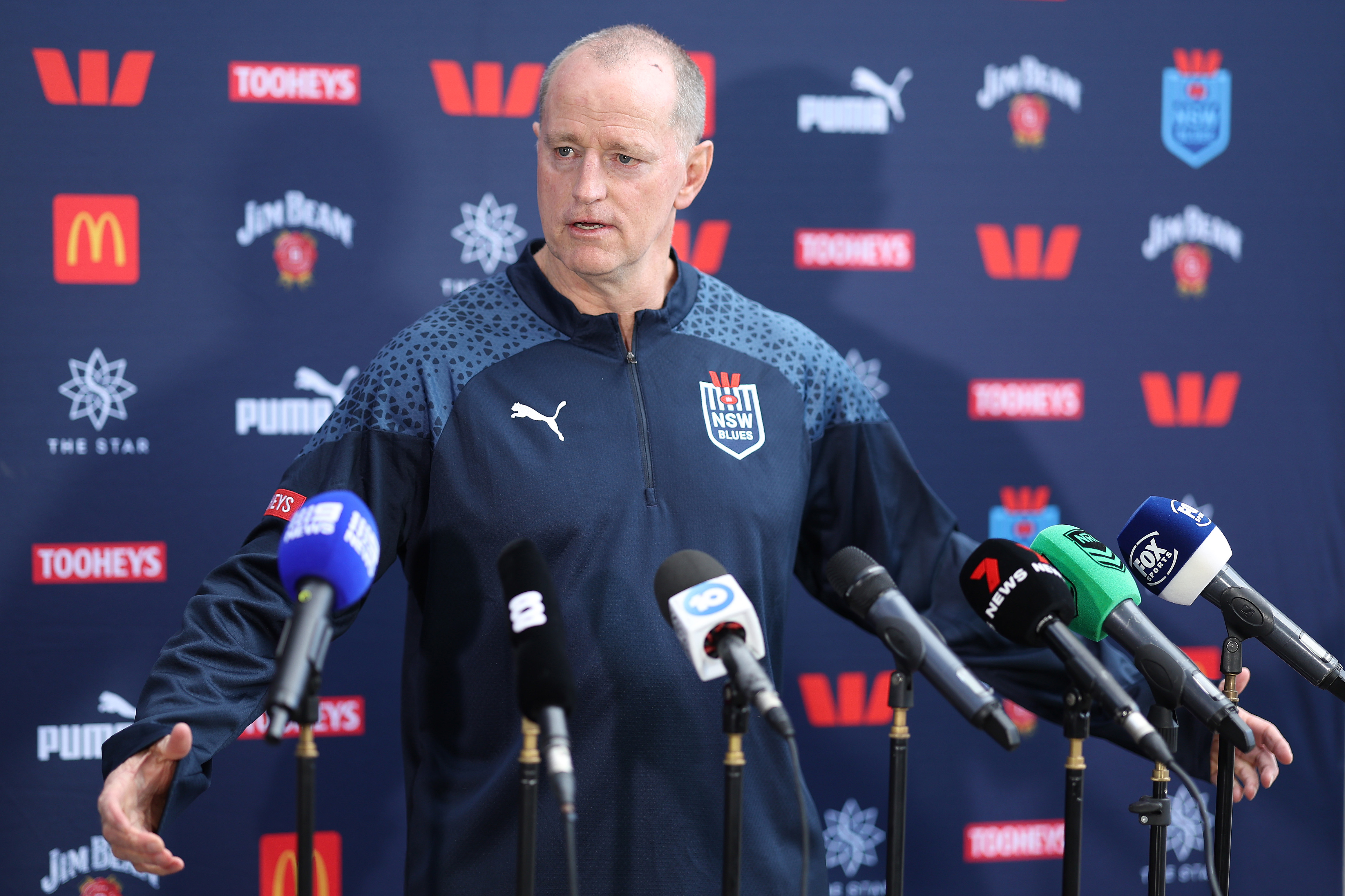 NSW Blues coach Michael Maguire speaks to the media.