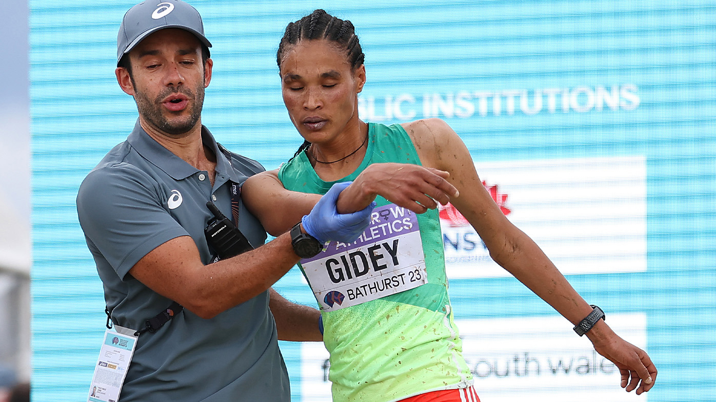 Ethiopia's Letesenbet Gidey in distress as temperatures soar at February's World Cross Country Championships in Bathurst.