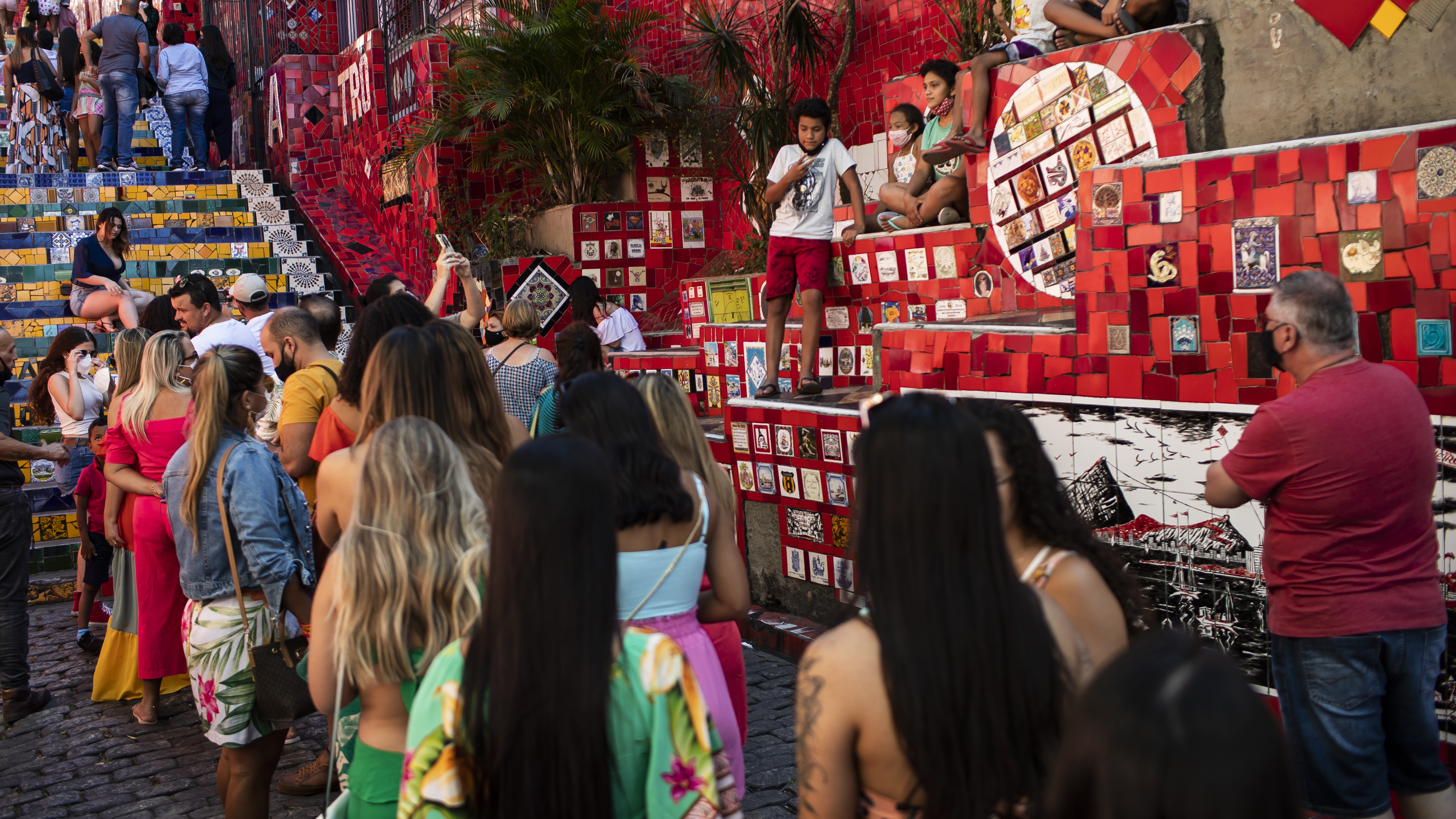 People line up to take their pictures on the Selaron Stairway in Rio de Janeiro, Brazil.