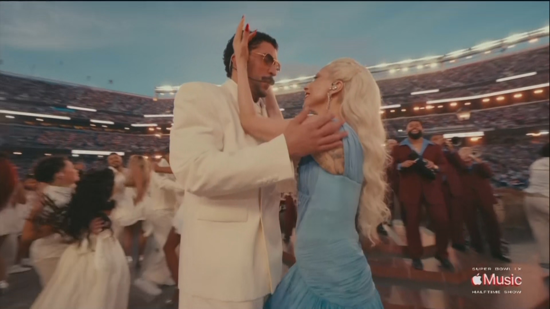 Lady Gaga performs with Bad Bunny during the Apple Music Super Bowl LX Halftime Show at Levi's Stadium on February 8, 2026 in Santa Clara, California. 