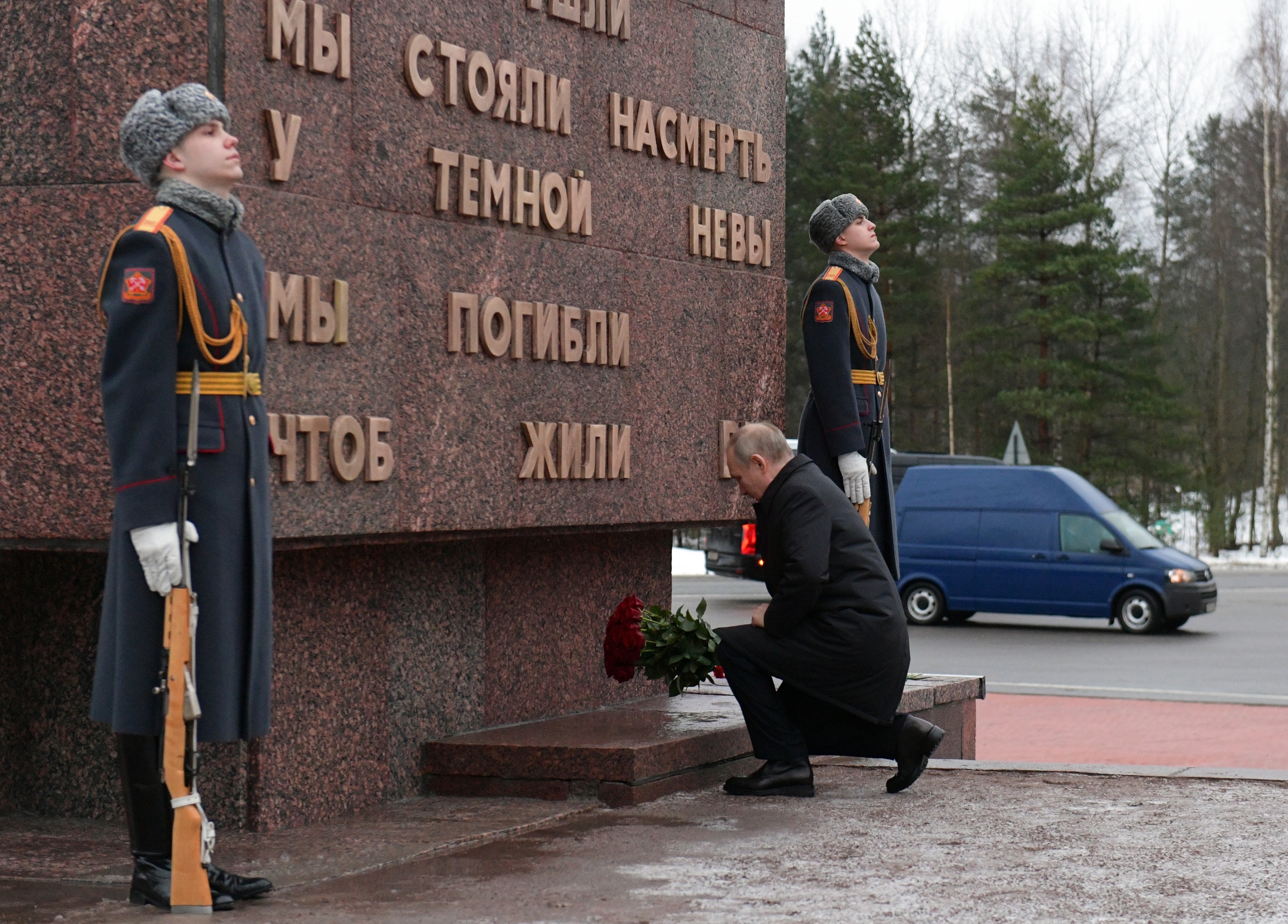 Russian President Vladimir Putin attends a wreath-laying ceremony at the monument "Rubezhny Kamen", (Boundary Stone) marking the 80th anniversary of the break of Nazi's siege of Leningrad, (now St. Petersburg) during the World War Two in Kirovsk, 30 km east of St. Petersburg, Russia, Wednesday, Jan. 18, 2023.  