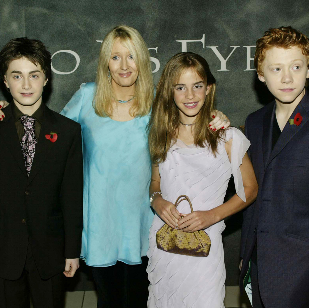 Rupert Grint, Daniel Radcliffe and Emma Watson and author JK Rowling at the world premiere for Harry Potter and the Chamber of Secrets in 2002