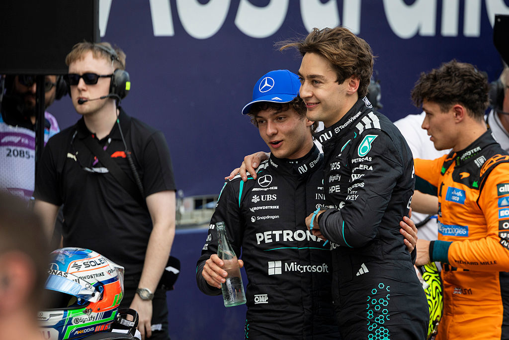 Pole position qualifier George Russell of Great Britain and Mercedes AMG Petronas F1 Team and Second placed qualifier Andrea Kimi Antonelli of Italy. 