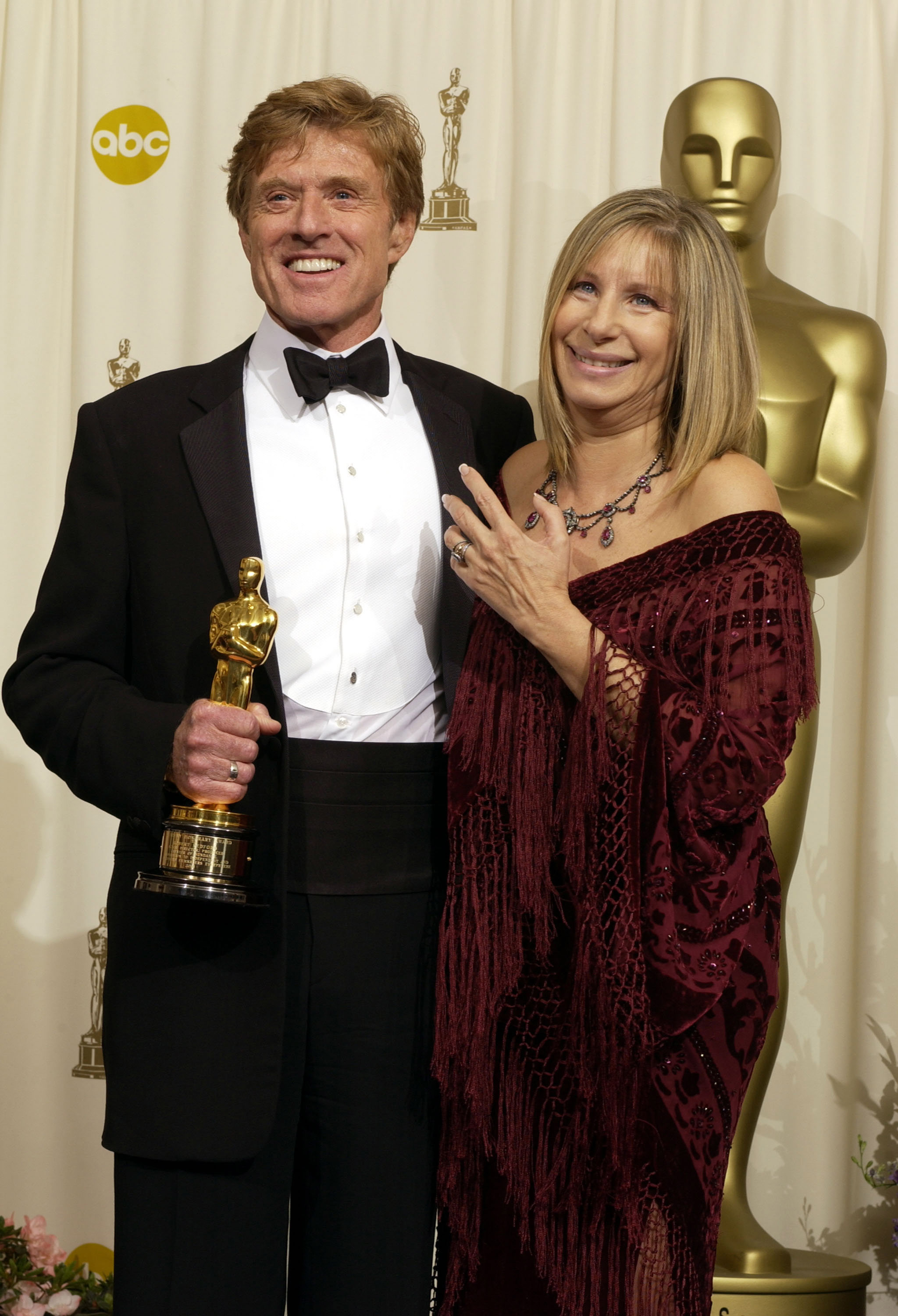 Barbra Streisand and Robert Redford at the Oscars in 2002 when he awarded an honorary Oscar.