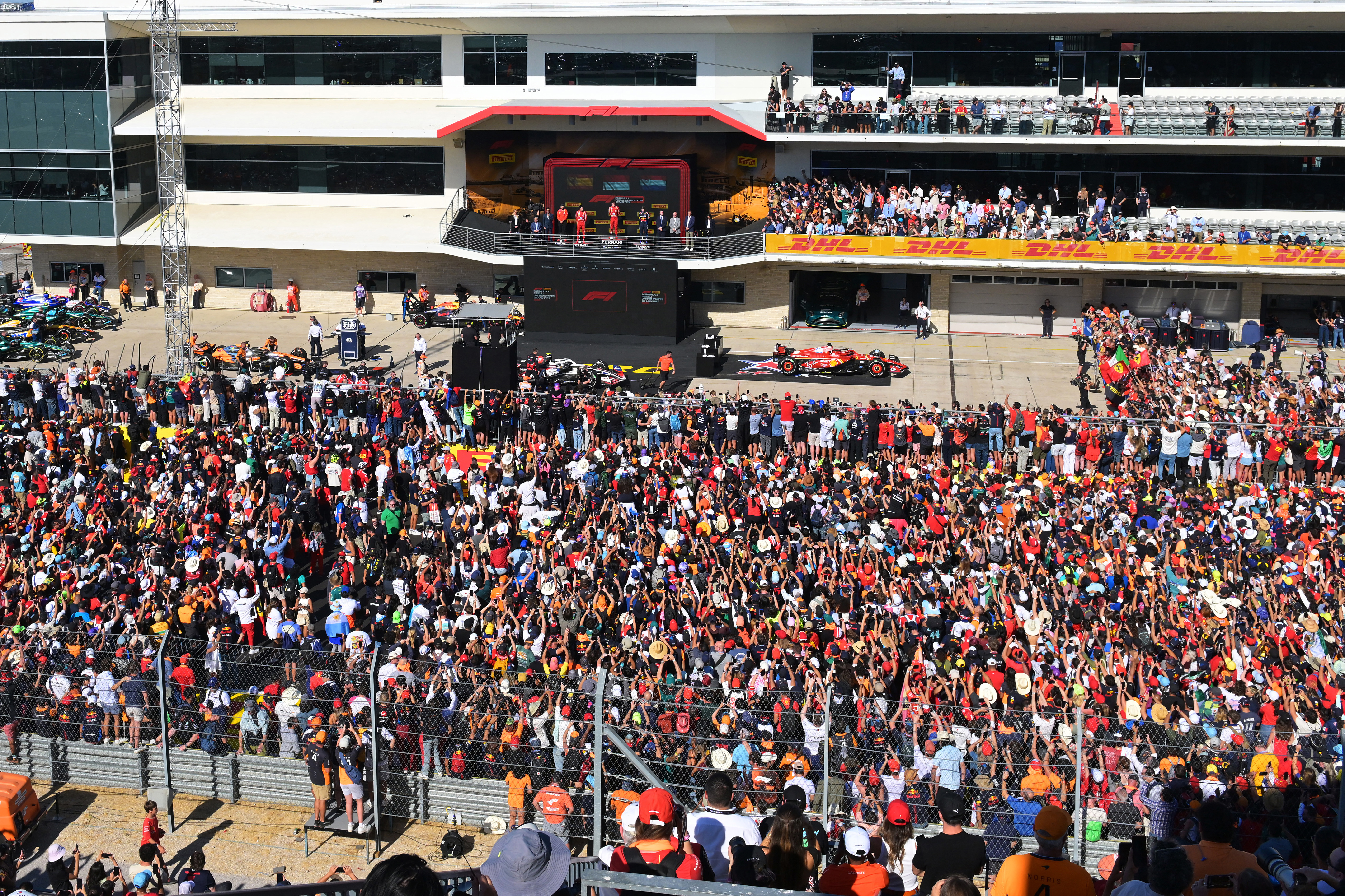 A general view of the podium celebrations during the F1 Grand Prix of United States at Circuit of The Americas on October 20, 2024 in Austin, Texas. (Photo by Mark Sutton/Getty Images)