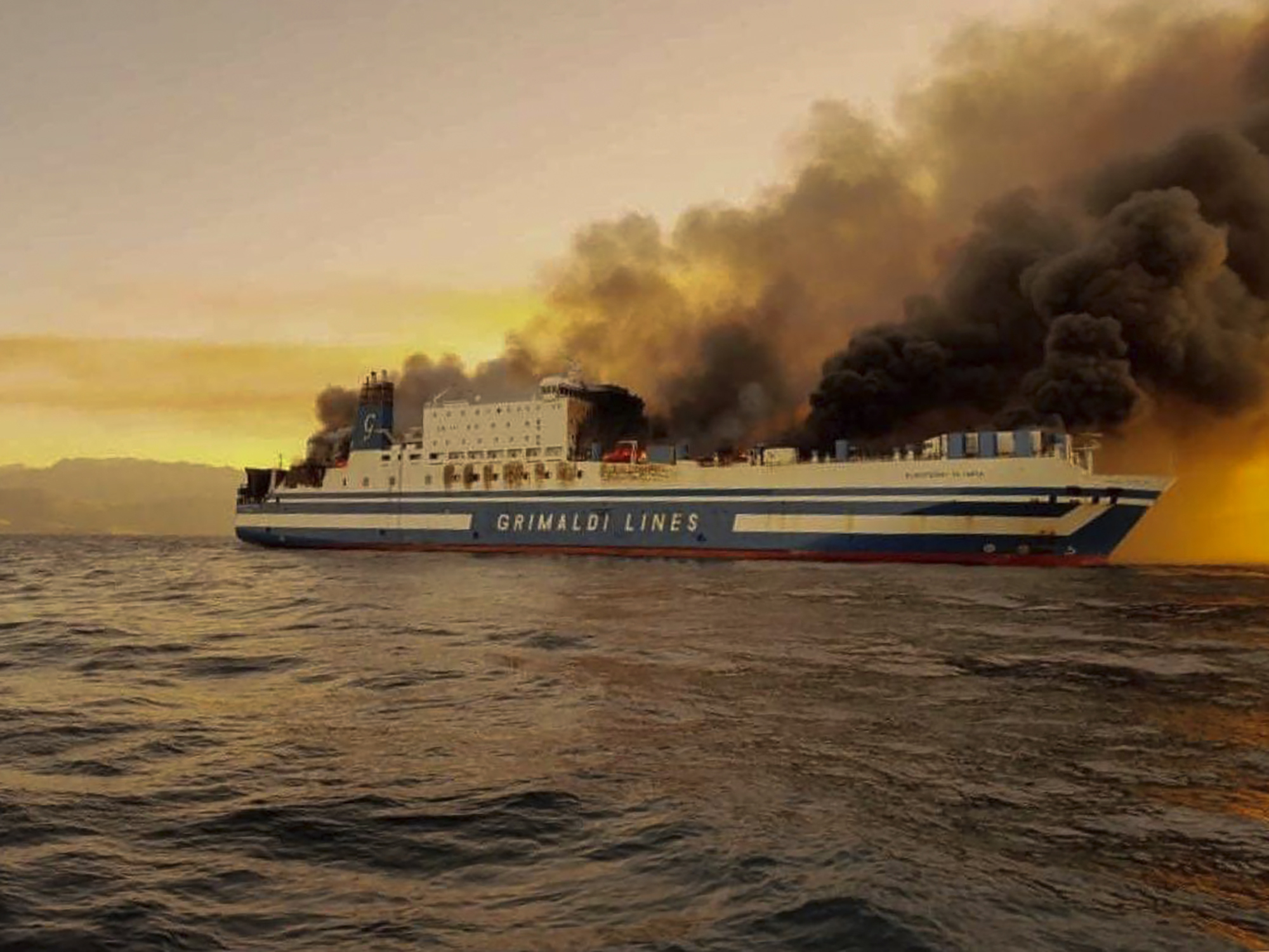A ferry is on fire at the Ionian Sea near the island of Corfu, Greece, on Friday, Feb. 18, 2022. 