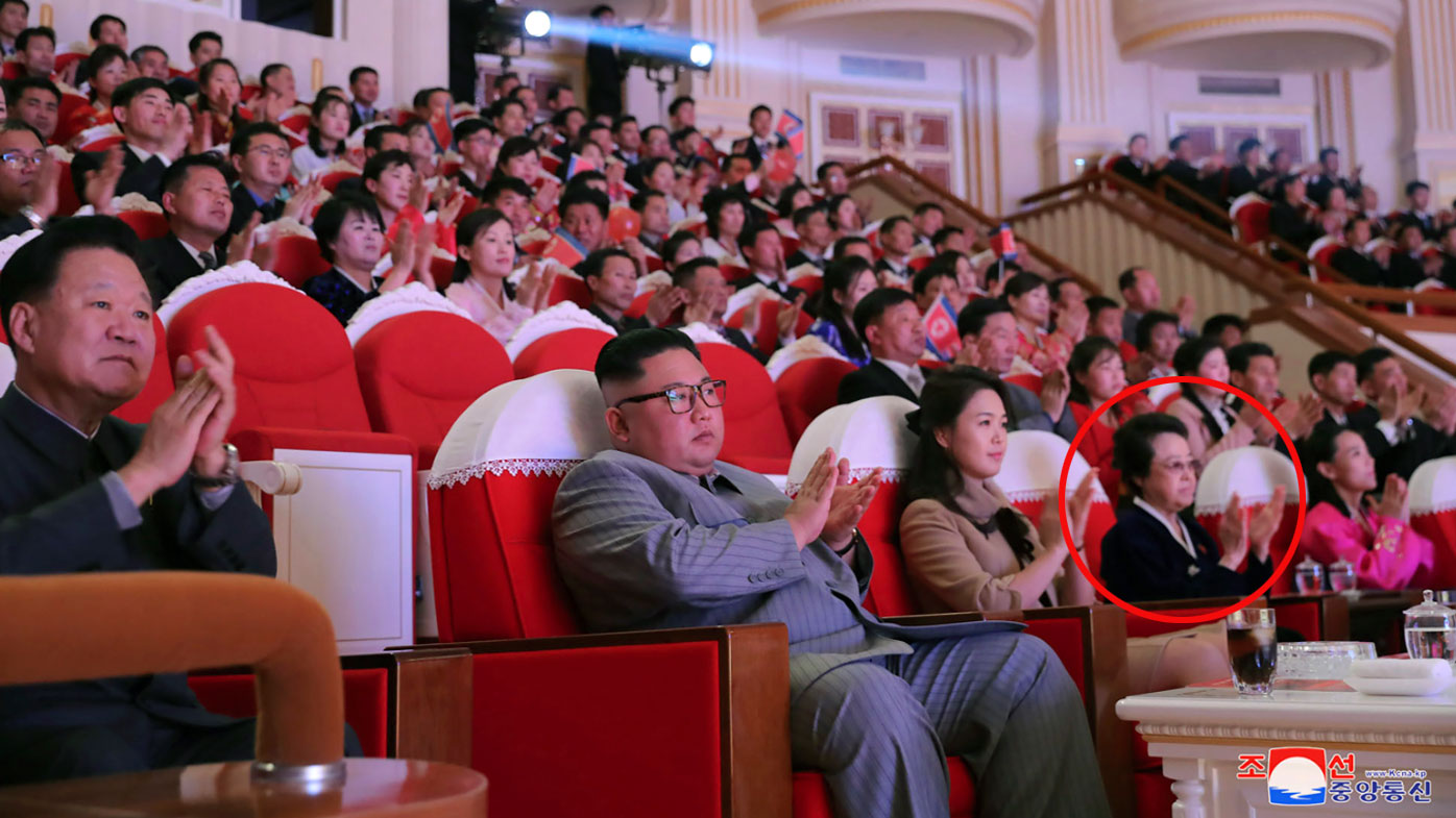 In this Saturday, Jan. 25, 2020, photo provided by the North Korean government, North Korean leader Kim Jong Un, center, claps with his wife Ri Sol Ju, third from right, and his aunt Kim Kyong Hui, second from right, as they attend a concert celebrating Lunar New Year's Day in Pyongyang, North Korea.