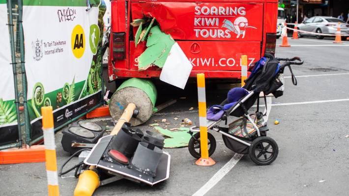 An abandoned pram could be seen at the back of the crashed bus.