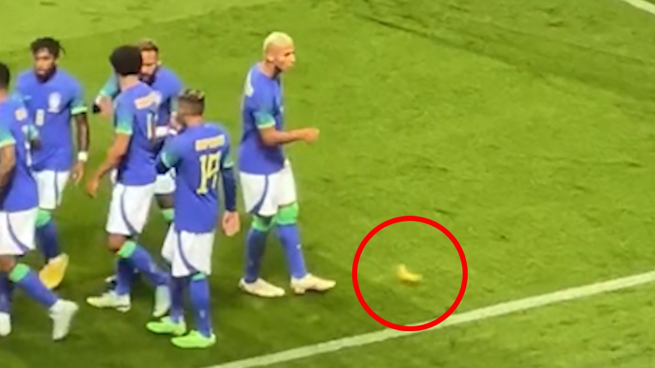 A banana was thrown from the crowd at Brazilian players celebrating a goal during a World Cup friendly against Tunisia in Paris.