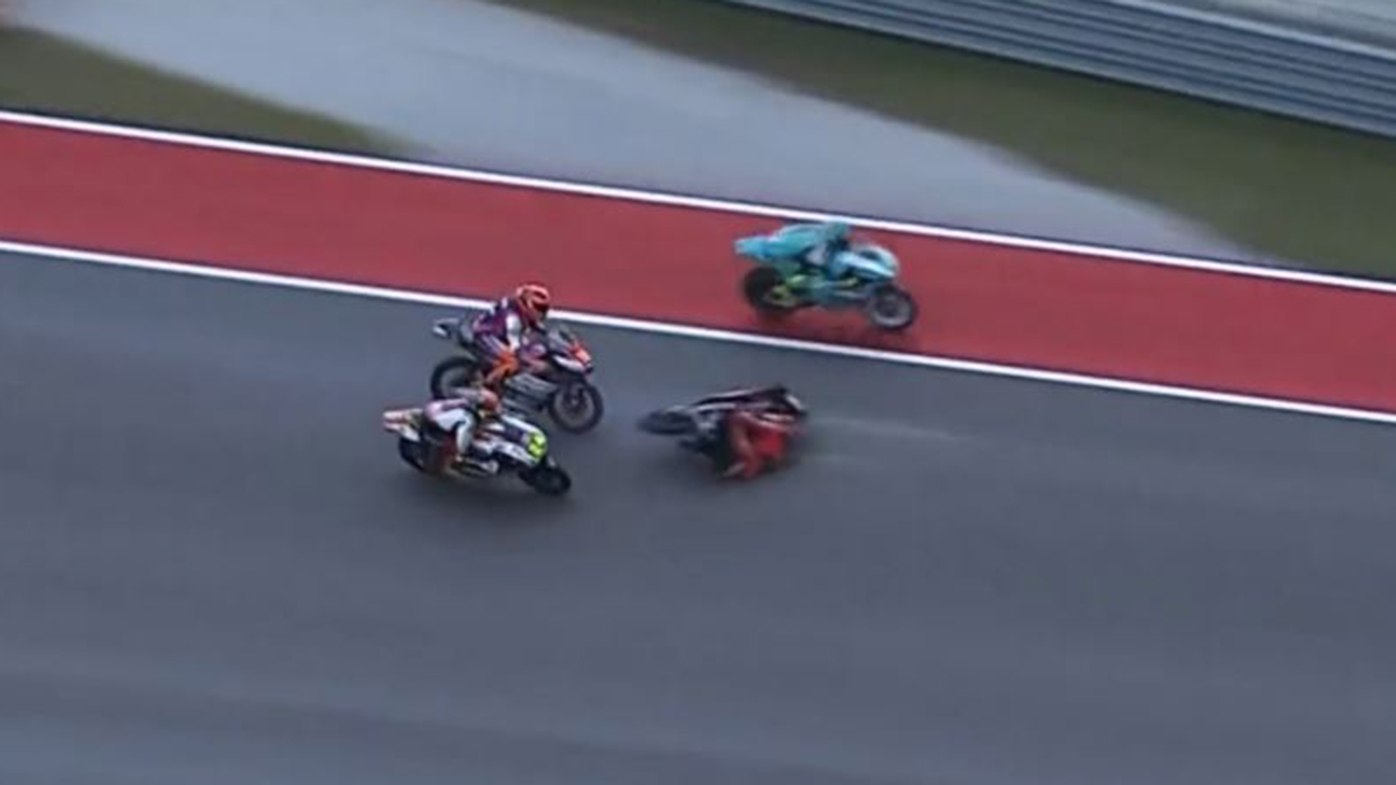 Jeremy Alcoba falls as other riders attempt to avoid him in Texas.