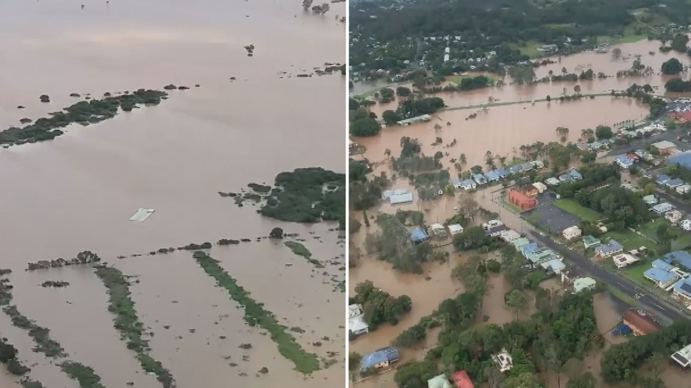 Aerial view of Lismore and the flooding permeating the town.