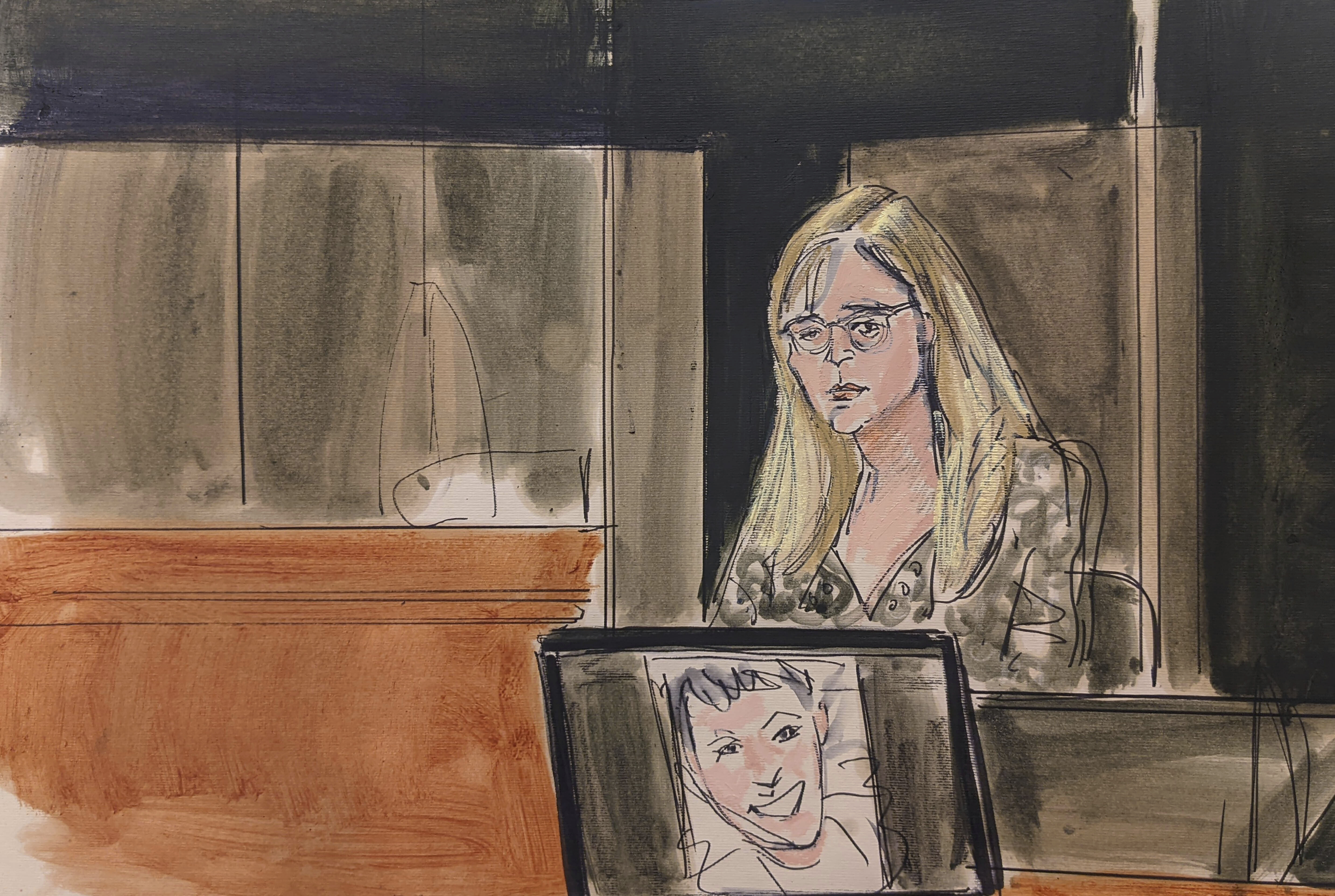 In this courtroom sketch, Annie Farmer testifies on the witness stand during the Ghislaine Maxwell sex abuse trial. 