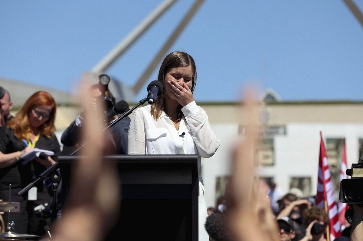 Brittany Higgins speaks at the March 4 Justice protest in Canberra, in March, 2021. 