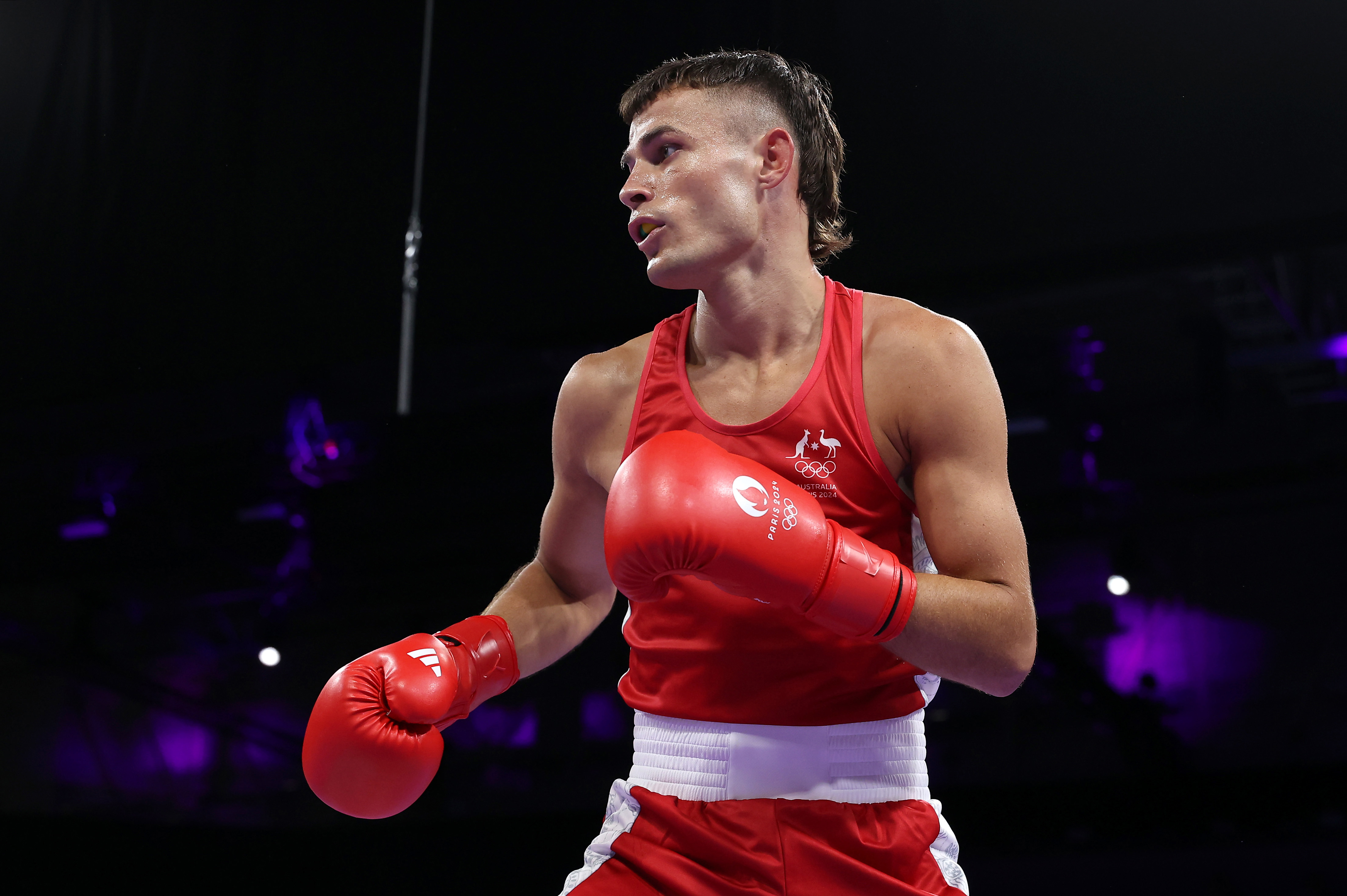 Harry Garside of Team Australia looks on prior to the Men's 63.5kg preliminary round match between Harry Garside of Team Australia and Richard Kovacs of Team Hungary on day three of the Olympic Games Paris 2024 at North Paris Arena on July 29, 2024 in Paris, France. (Photo by Richard Pelham/Getty Images)