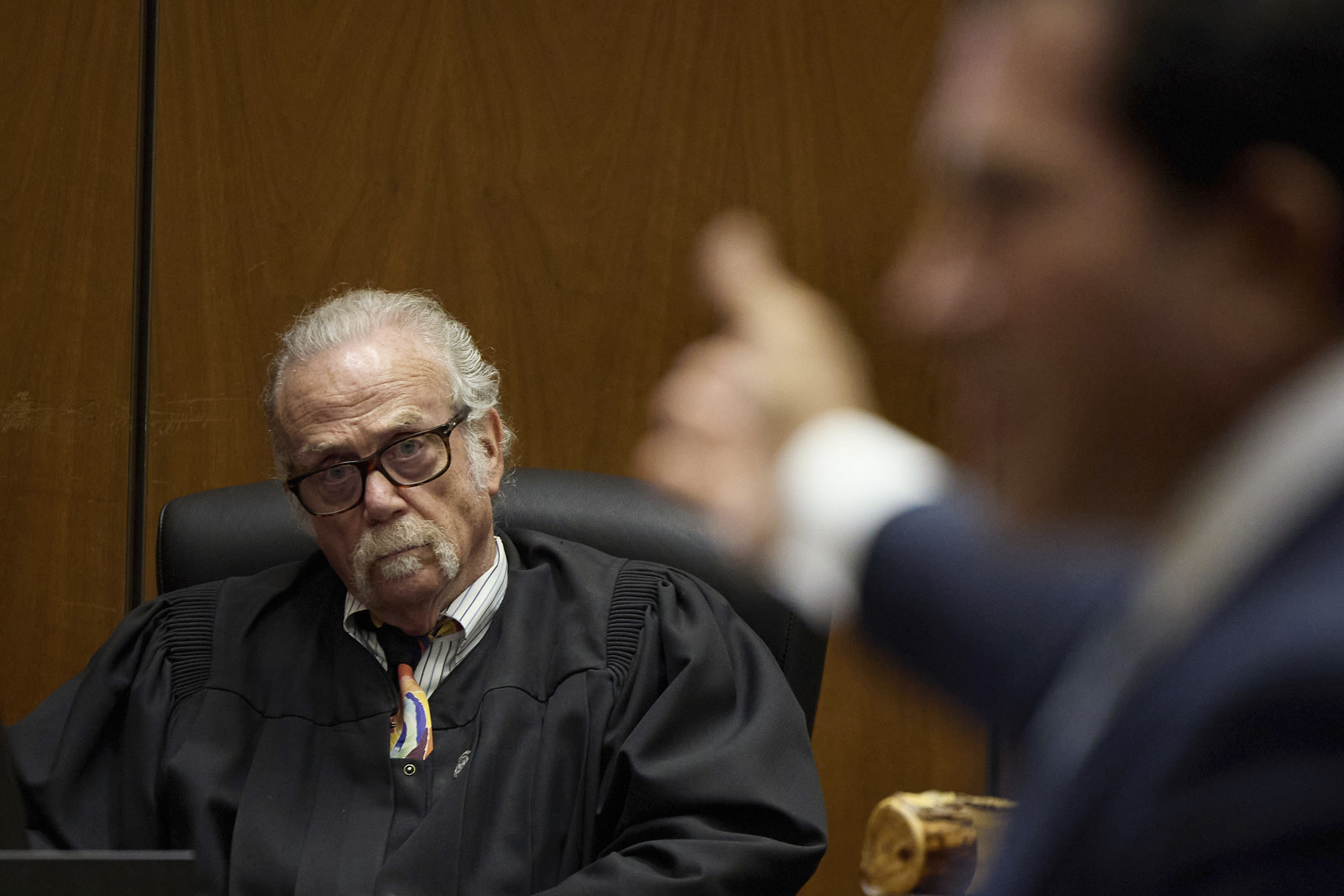 Judge Mark S. Arnold presides over closing arguments in the trial of A$AP Rocky, Thursday, Feb. 13, 2025, in Los Angeles. (Allison Dinner/Pool Photo via AP)