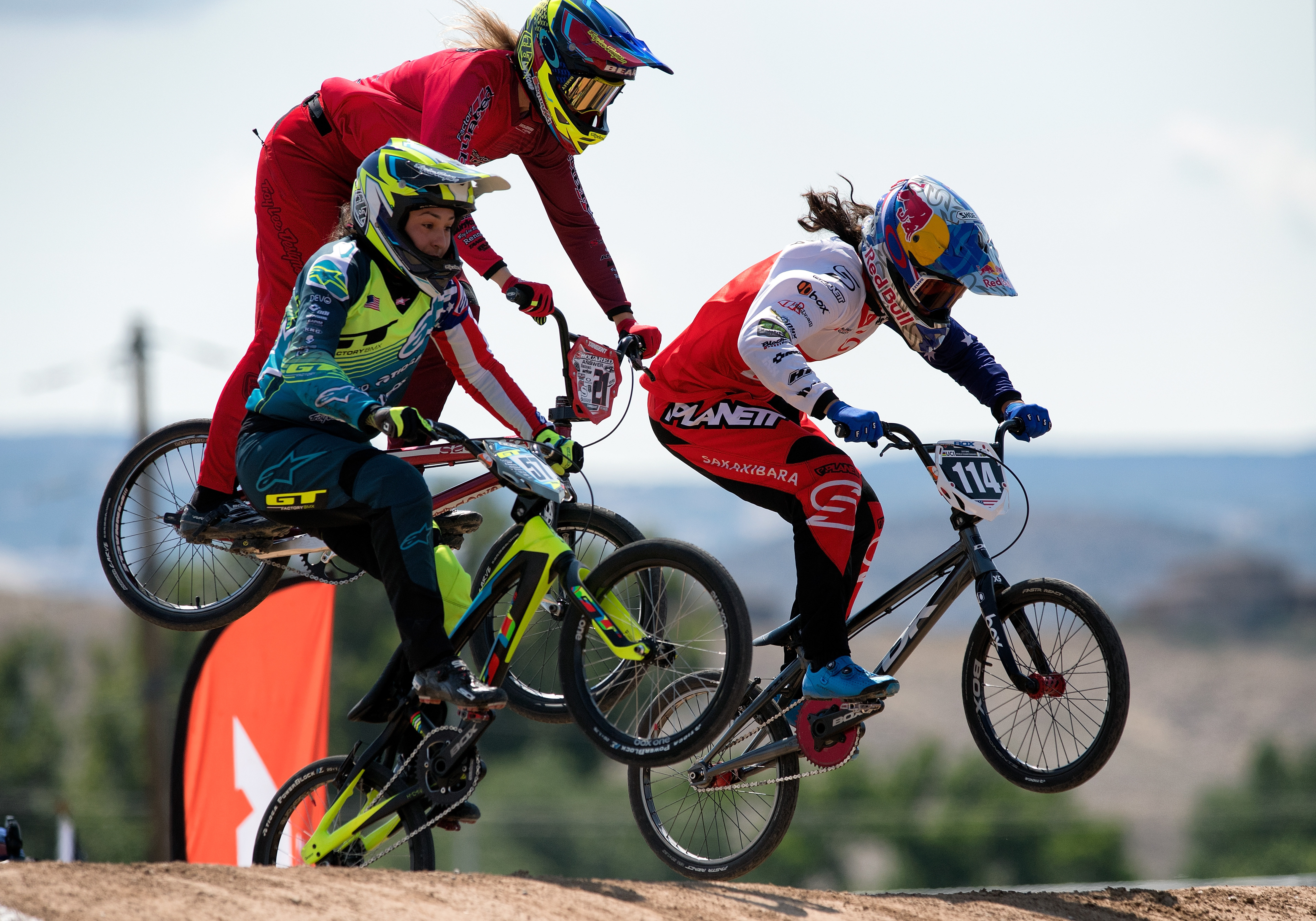 Australia's Saya Sakakibara (left) ready to fly off a jump.