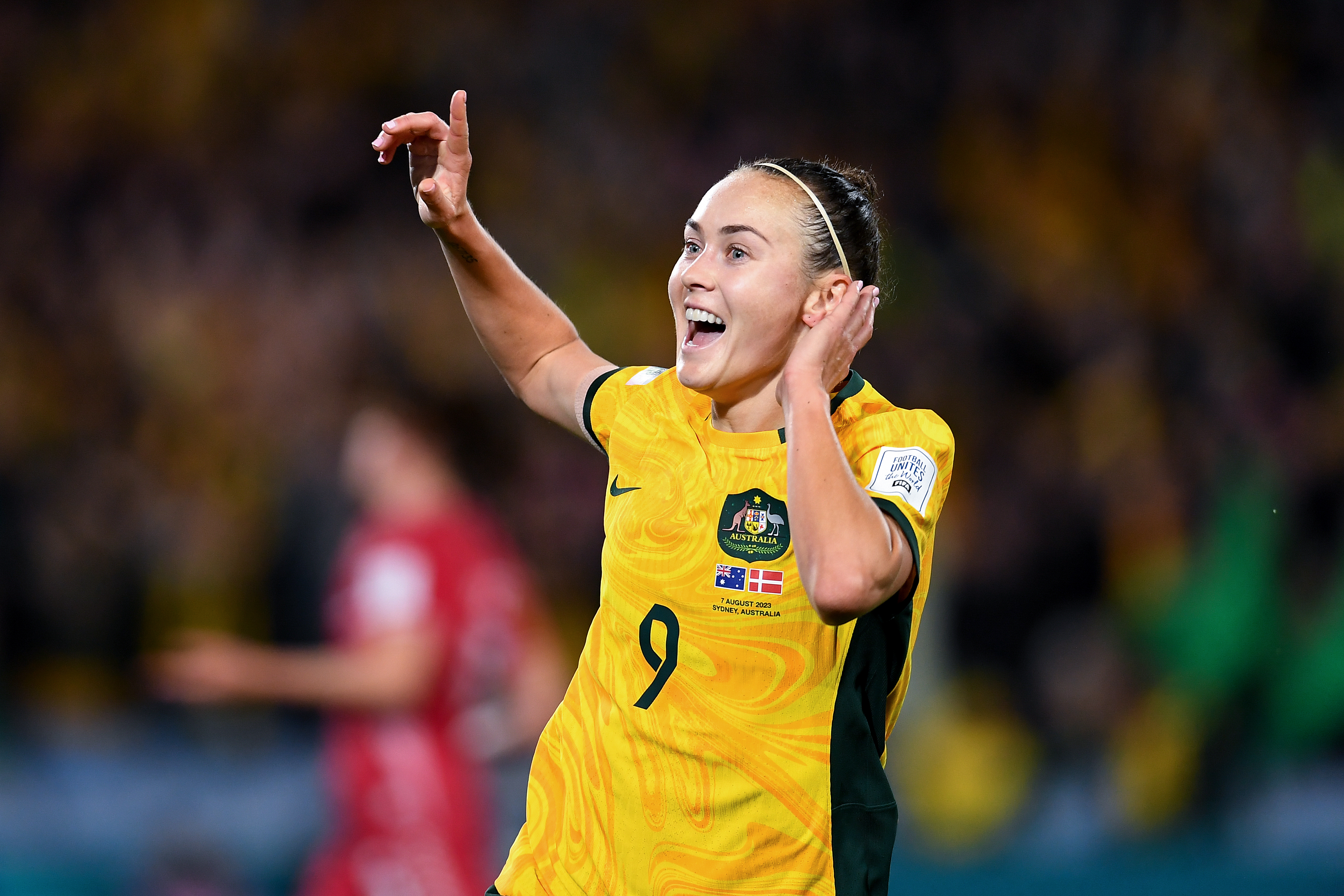 SYDNEY, AUSTRALIA - AUGUST 07: Caitlin Foord of Australia celebrates during the Women's World Cup round of 16 football match between the Australia Matildas and Denmark at Stadium Australia on August 07, 2023 in Sydney, Australia. (Photo by Steven Markham/Icon Sportswire)