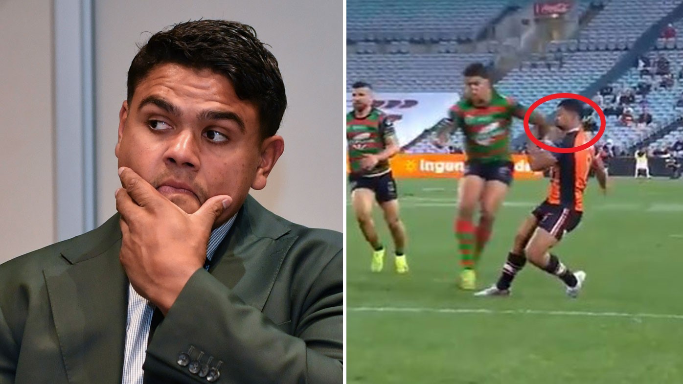 Latrell Mitchell was suspended for four weeks for this shot on Wests Tigers winger David Nofoaluma.