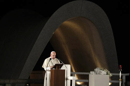 In this Nov. 24, 2019 file photo, Pope Francis delivers a speech in front of the Memorial Cenotaph at Hiroshima Peace Memorial Park in Hiroshima, Japan. 
