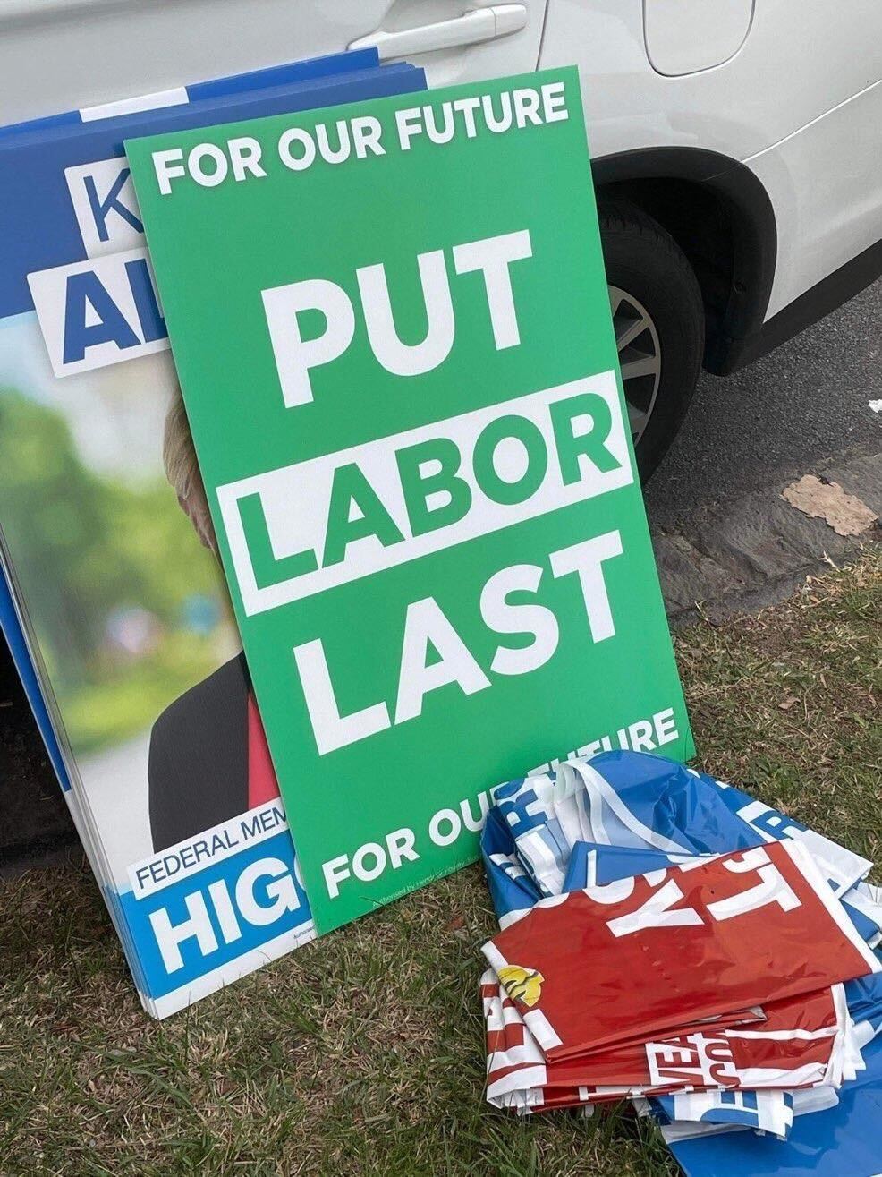 Labor is seeking an injunction over "Put Labor Last" signs appearing in Higgins, designed to look like they were placed by the Greens but allegedly from the Liberal Party.