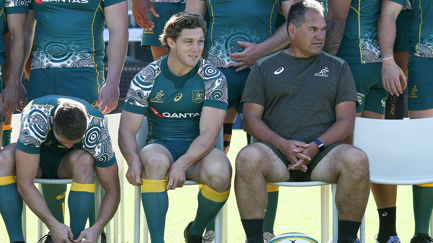 Wallabies head coach Dave Rennie (R) and Michael Hooper during the Australian Wallabies captain's run at David Phillips Sports Complex on December 04, 2020 in Sydney, Australia. (Photo by Jason McCawley/Getty Images)