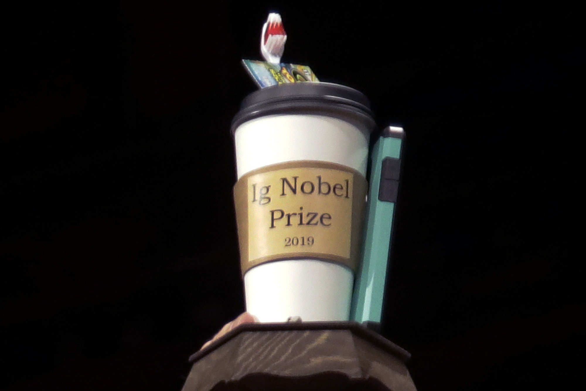 The 2019 Ig Nobel award is displayed at the 29th annual Ig Nobel awards ceremony at Harvard University in Cambridge, Mass. The spoof prizes for weird and sometimes head-scratching scientific achievement (AP Photo/Elise Amendola, File)