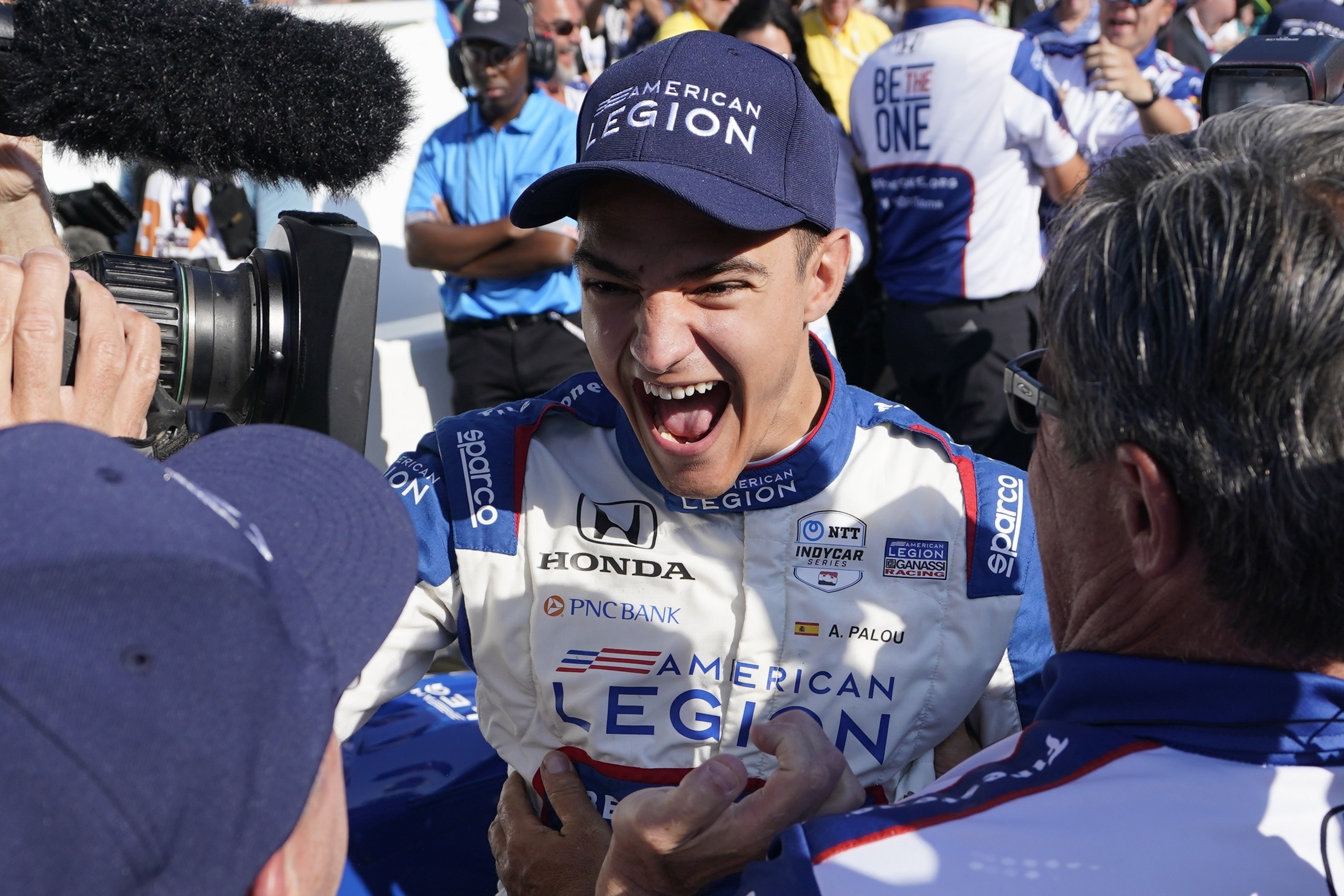 Alex Palou celebrates winning the pole for the Indianapolis 500.