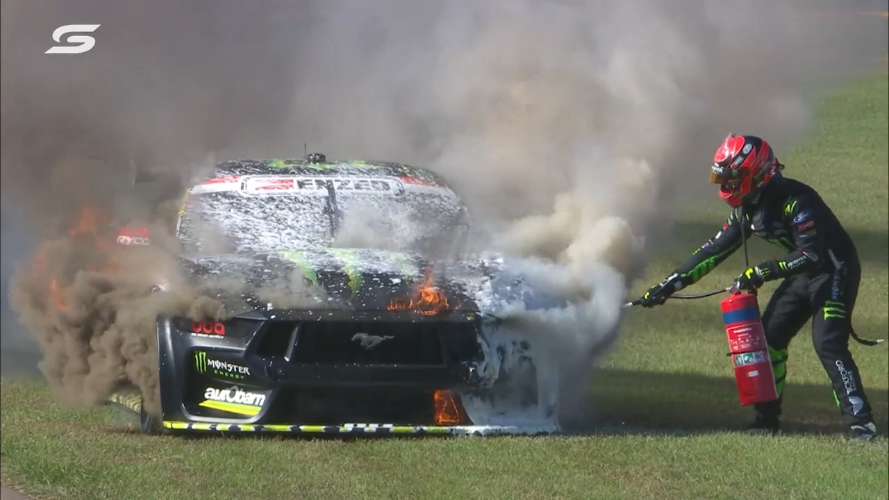 Cameron Waters was leading the race in Darwin when his car caught fire on lap five.