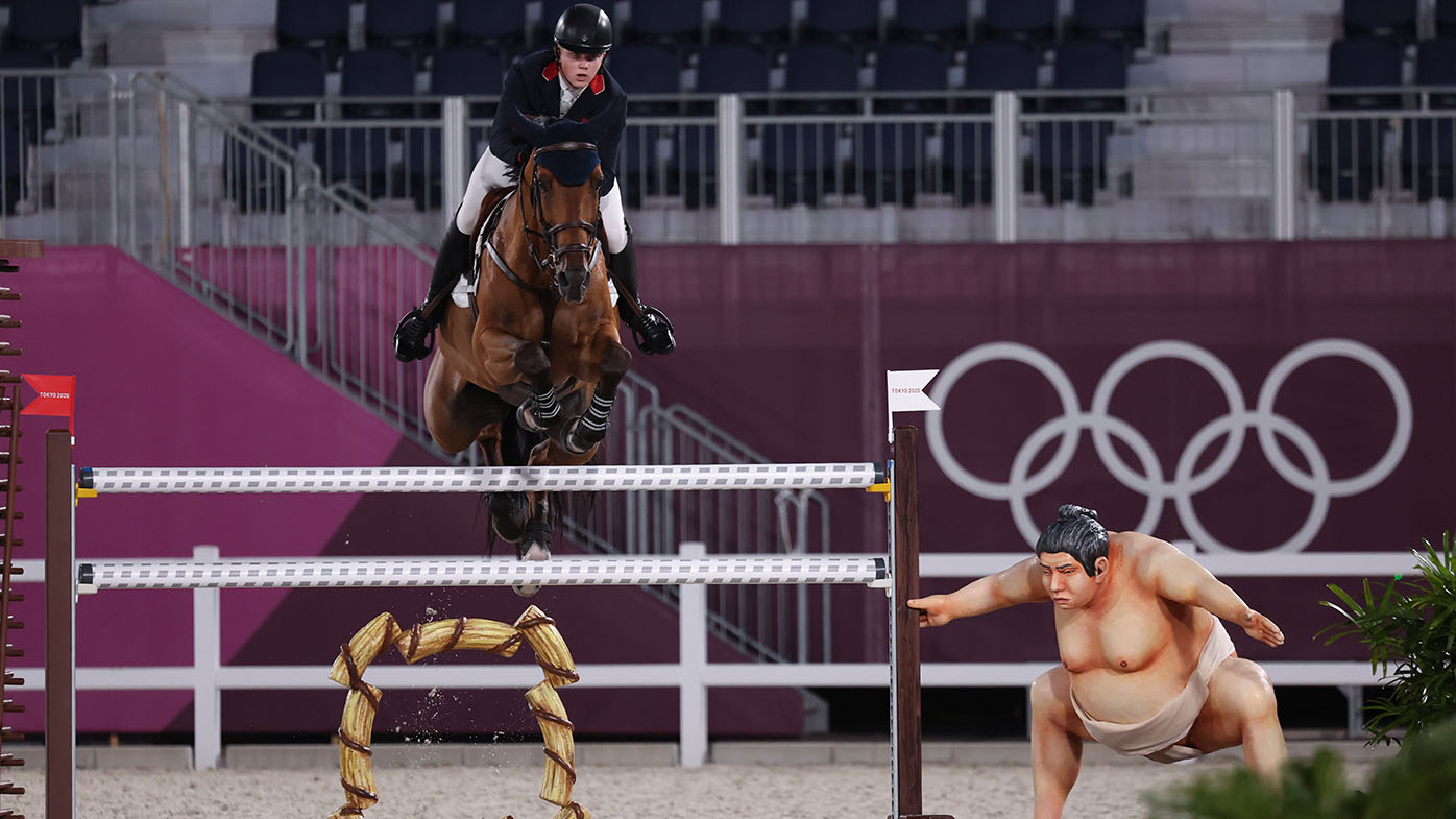 Tokyo Olympics 2021 Equestrian jumping course featuring sumo spooking horses at Games