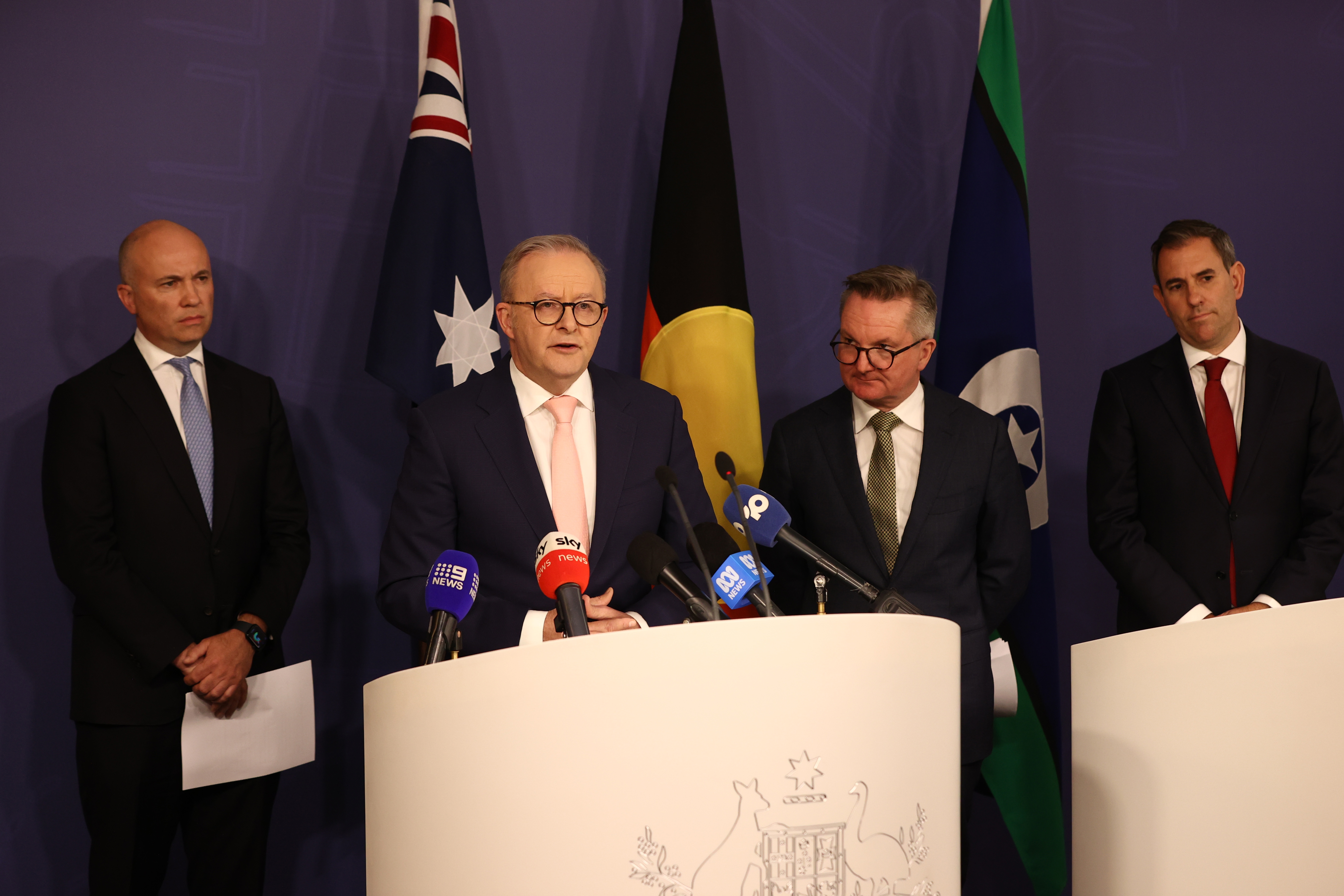 Prime Minister Anthony Albanese, Treasurer Jim Chalmers, Minister for Climate Change and Energy Chris Bowen and Chair of the Climate Change Authority Matt Kean during a press conference on the governments emissions reduction target in Sydney on September 18, 2025.