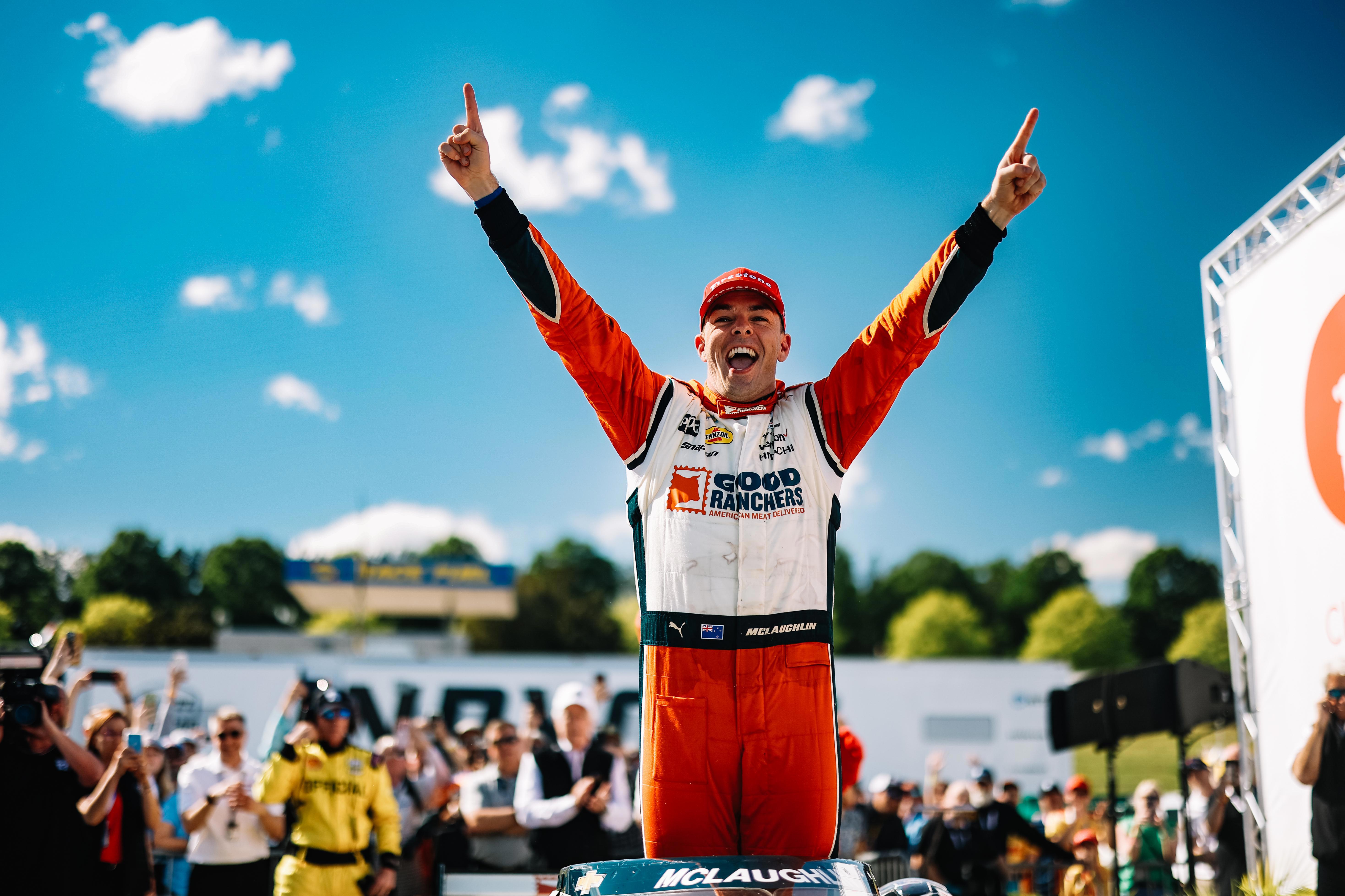Scott McLaughlin celebrates after scoring his first win of the 2023 IndyCar Series season.