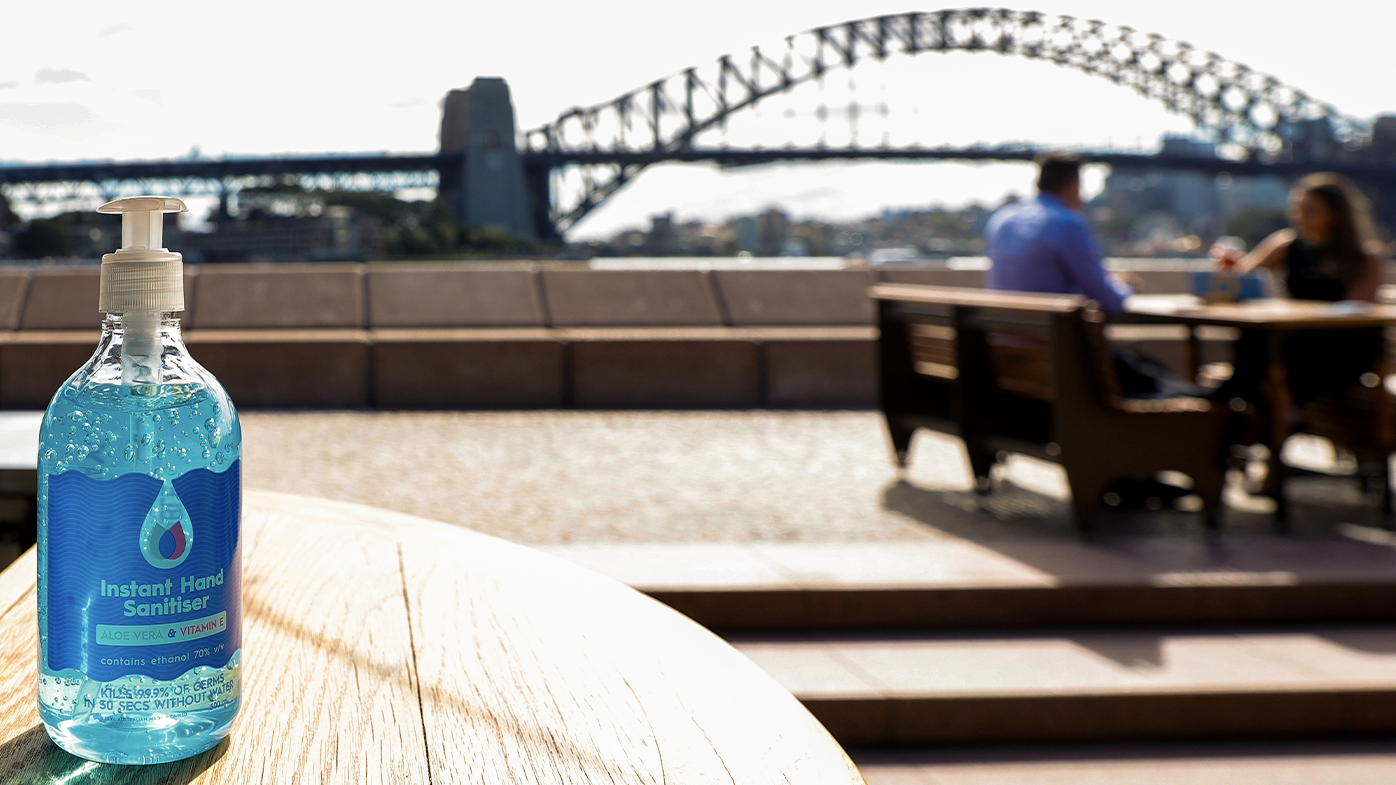 A bottle of sanitiser is seen at The Opera Bar on September 10, 2020 in Sydney, Australia. (Photo by Jenny Evans/Getty Images)