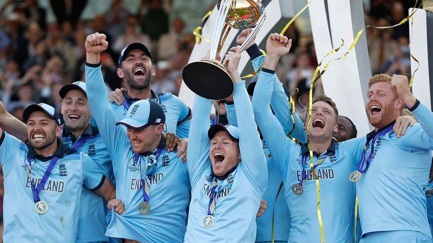 England captain Eoin Morgan lifts the World Cup trophy.