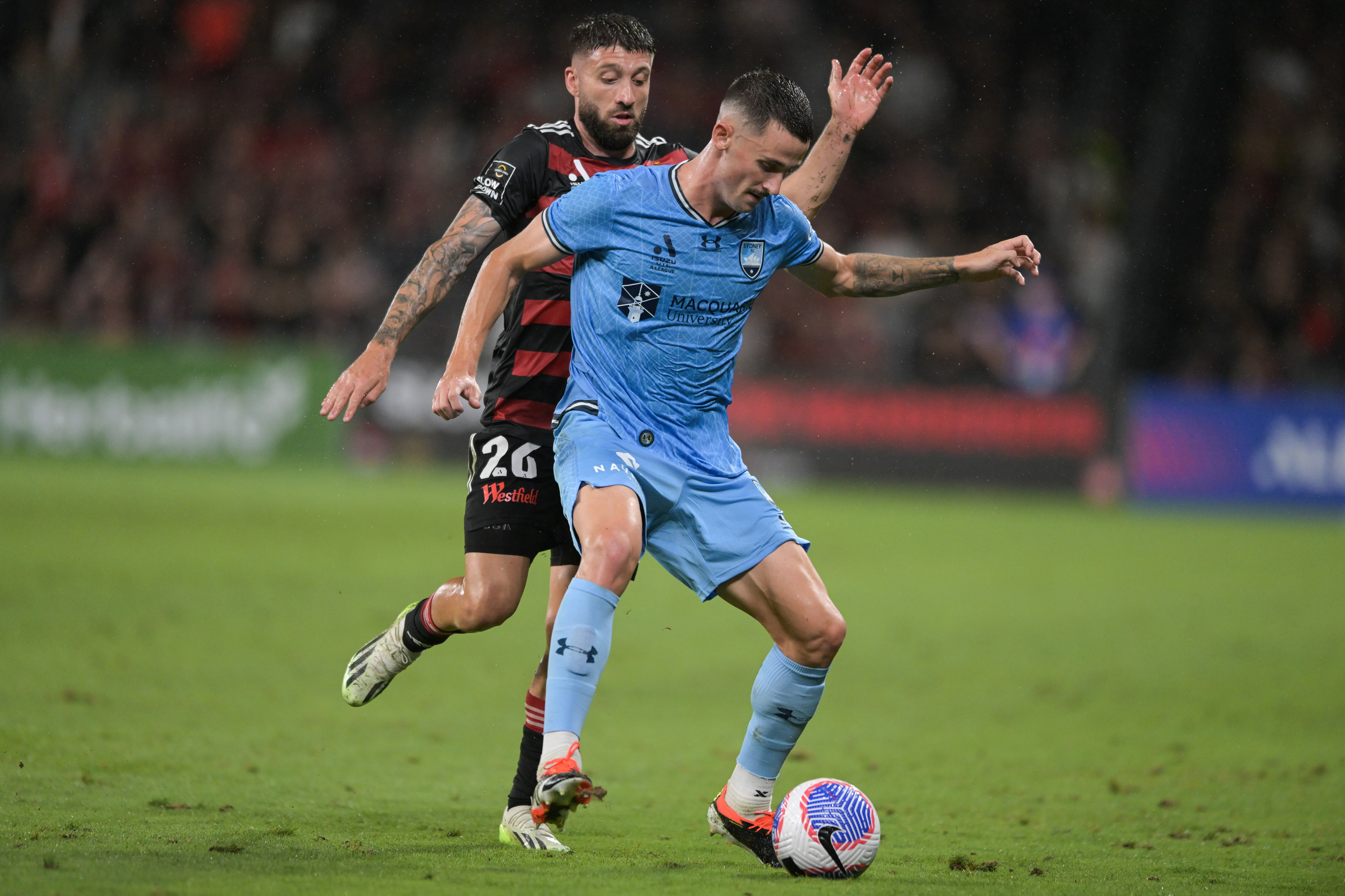 Jordan Alan Courtney-Perkins (Right and Brandon Joel Gaetano Borrello (Left) during the Sydney Derby in MArch, 2024. (Photo by Luis Veniegra/SOPA Images/LightRocket via Getty Images)