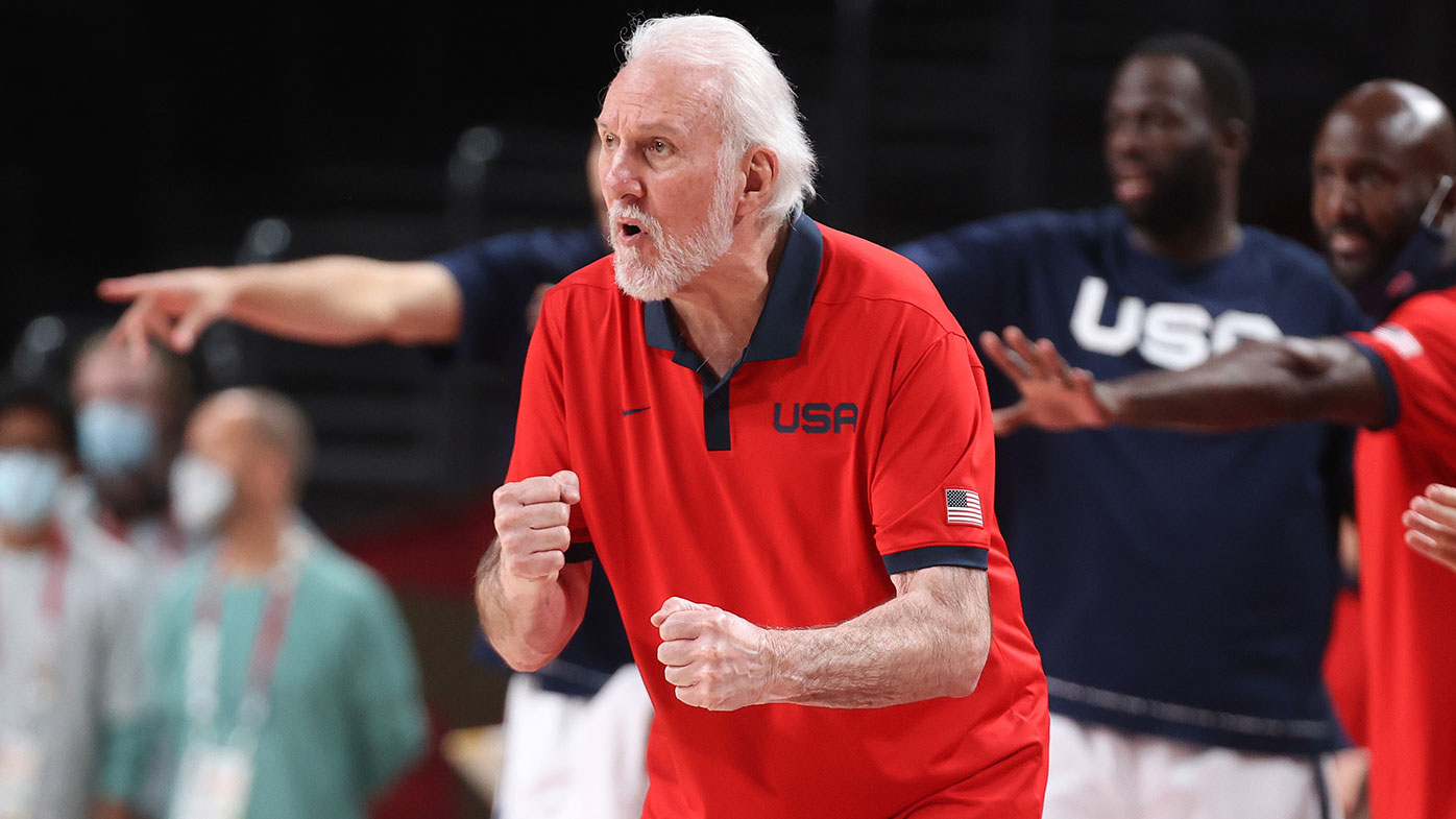  Team United States Head Coach Gregg Popovich cheers on his team from the bench during the second half of a Men's Basketball Finals game between Team United States and Team France on day fifteen of the Tokyo 2020 Olympic Games at Saitama Super Arena on August 07, 2021 in Saitama, Japan. (Photo by Gregory Shamus/Getty Images)