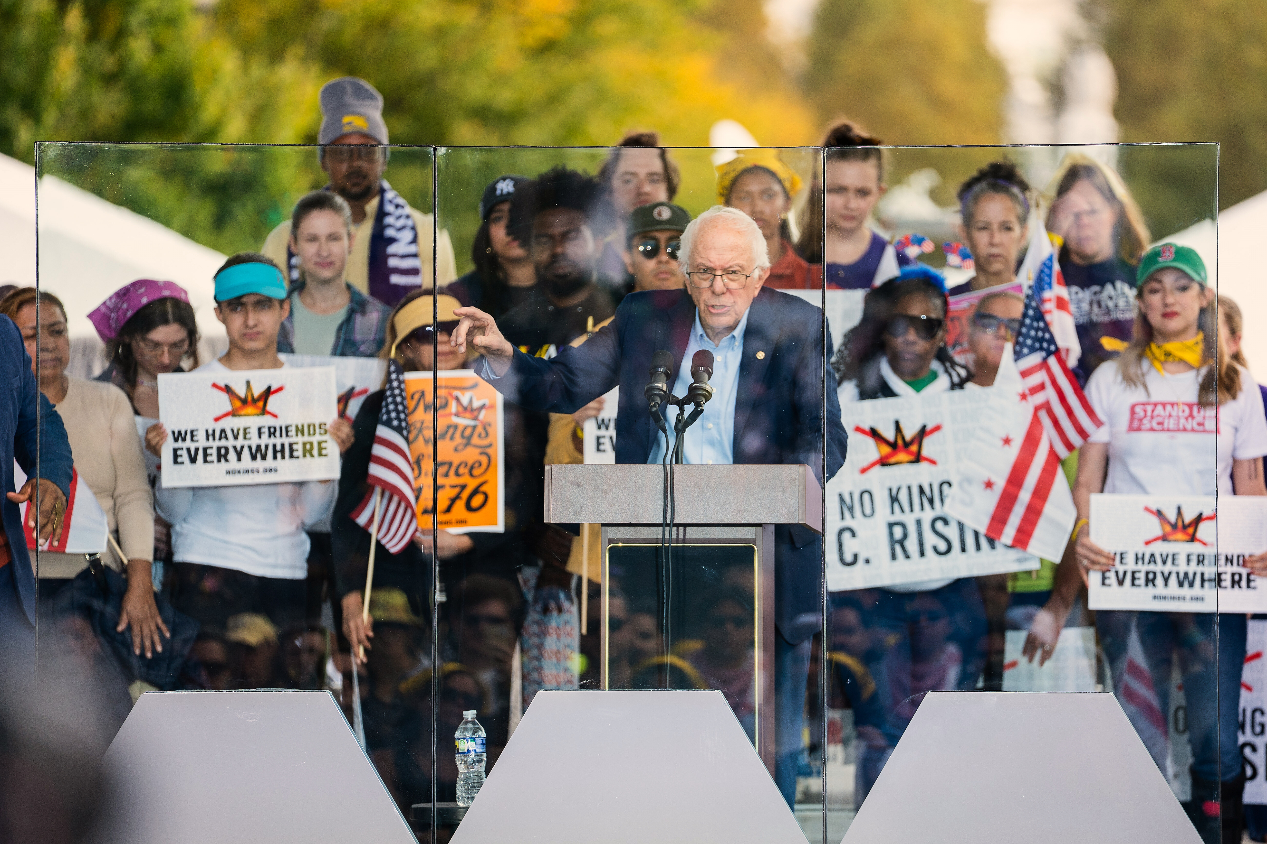 Sen. Bernie Sanders, I-Vt., speaks during a No Kings protest, Saturday, Oct. 18, 2025, in Washington. (AP Photo/Allison Robbert)