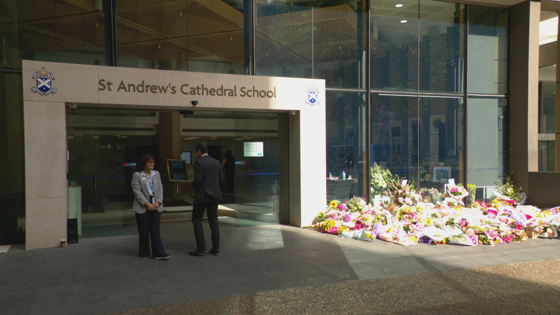 Floral tribute outside St Andrews Cathedral school for Lilie James.