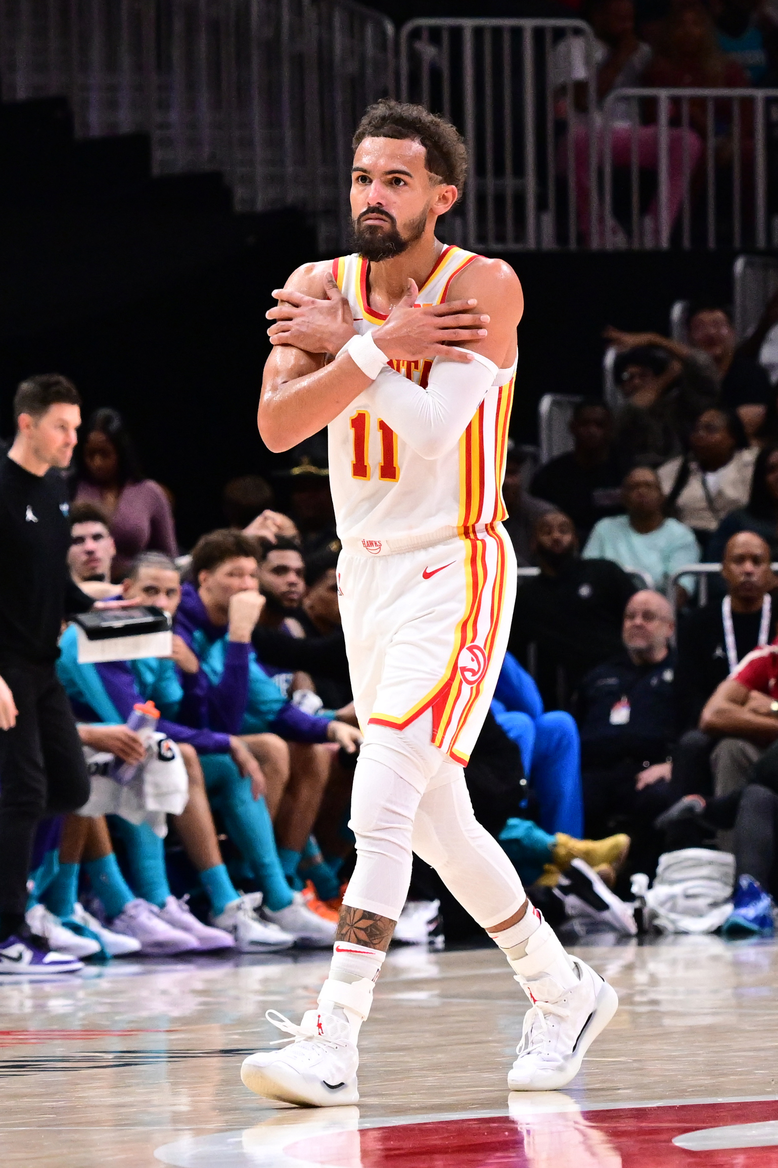 Trae Young of the Atlanta Hawks celebrates during the game against the Charlotte Hornets.