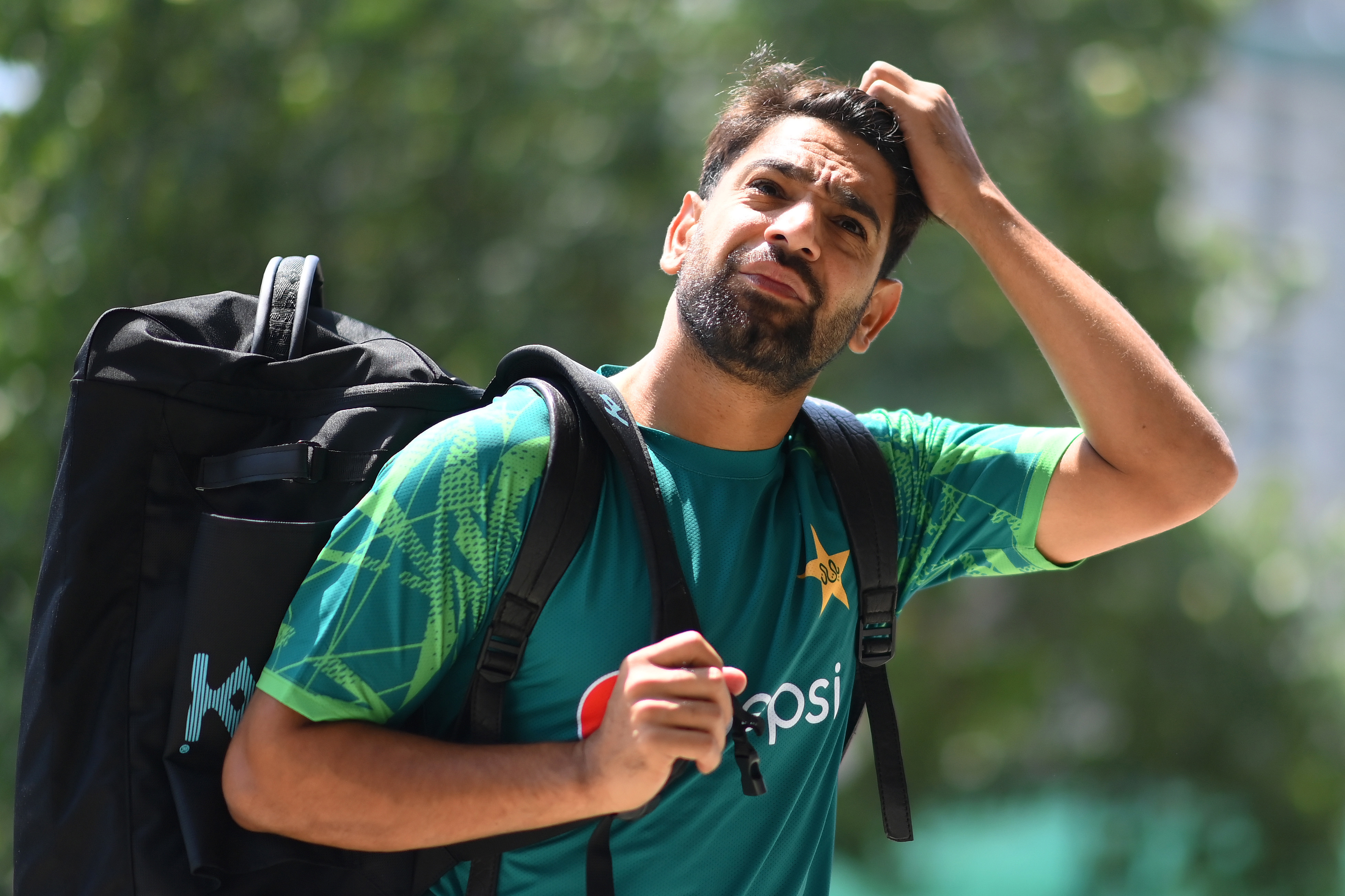Haris Rauf of Pakistan arrives at the stadium prior to the ICC Men's Cricket World Cup India 2023 between Pakistan and Netherlands at Rajiv Gandhi International Stadium.