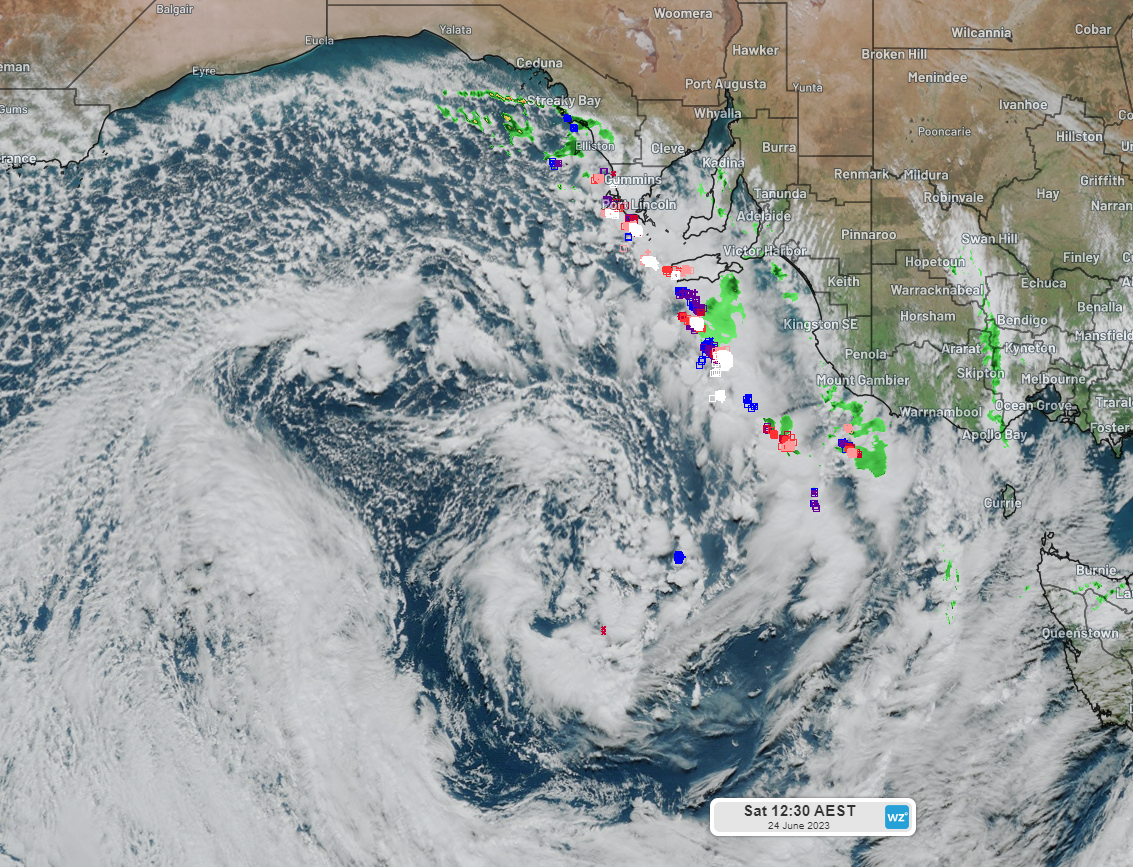 A satellite image over the Bight taken at 12:00pm ACST Sat 24th, shows the cold front beginning to cross the SA coast. 