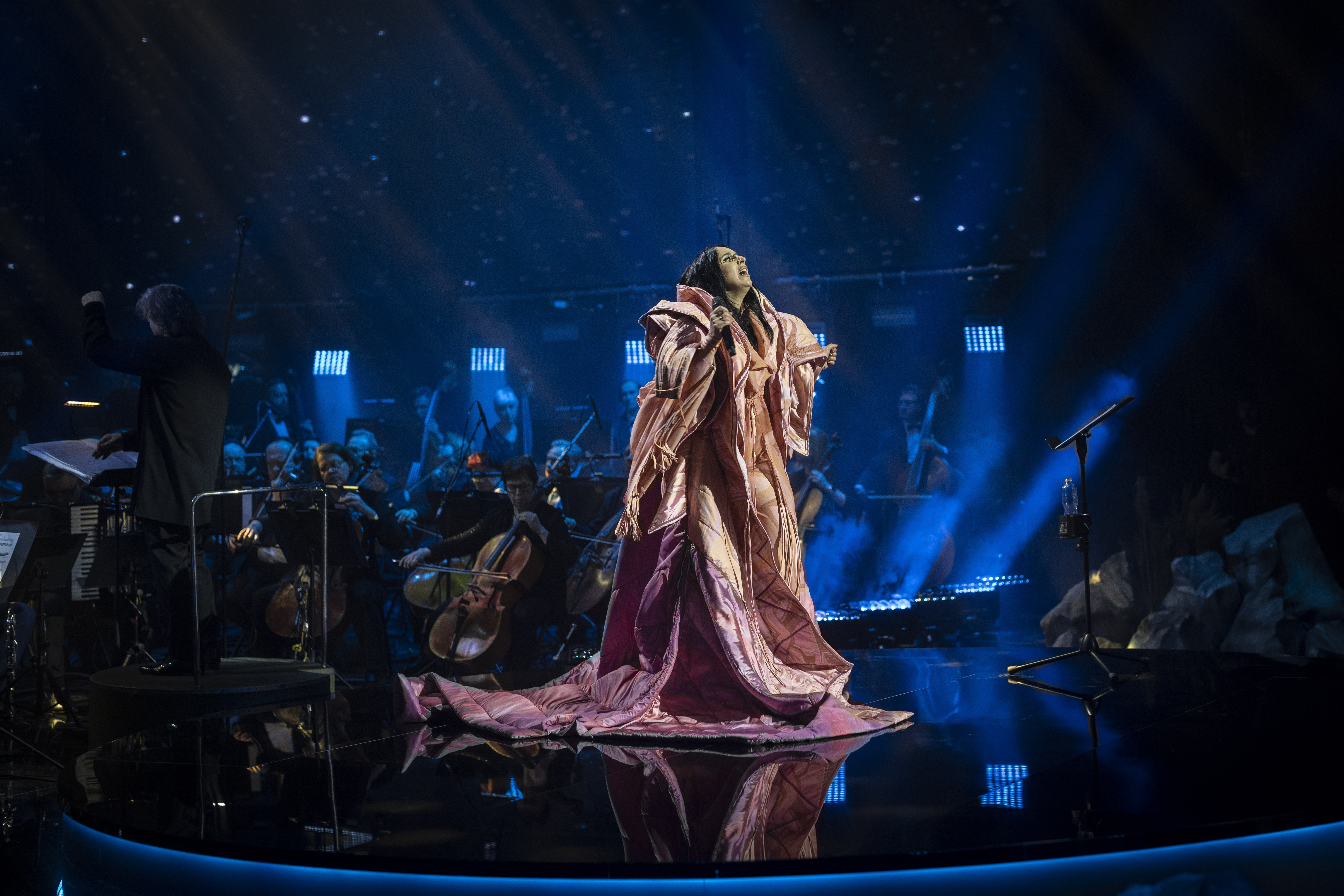 Ukrainian singer Jamala sings during the final rehearsal at the National Opera in central Kyiv on Friday, May 5, 2023. Jamala won the Eurovision Song Contest in 2016 with a song about the deportation of Crimean Tatars. 