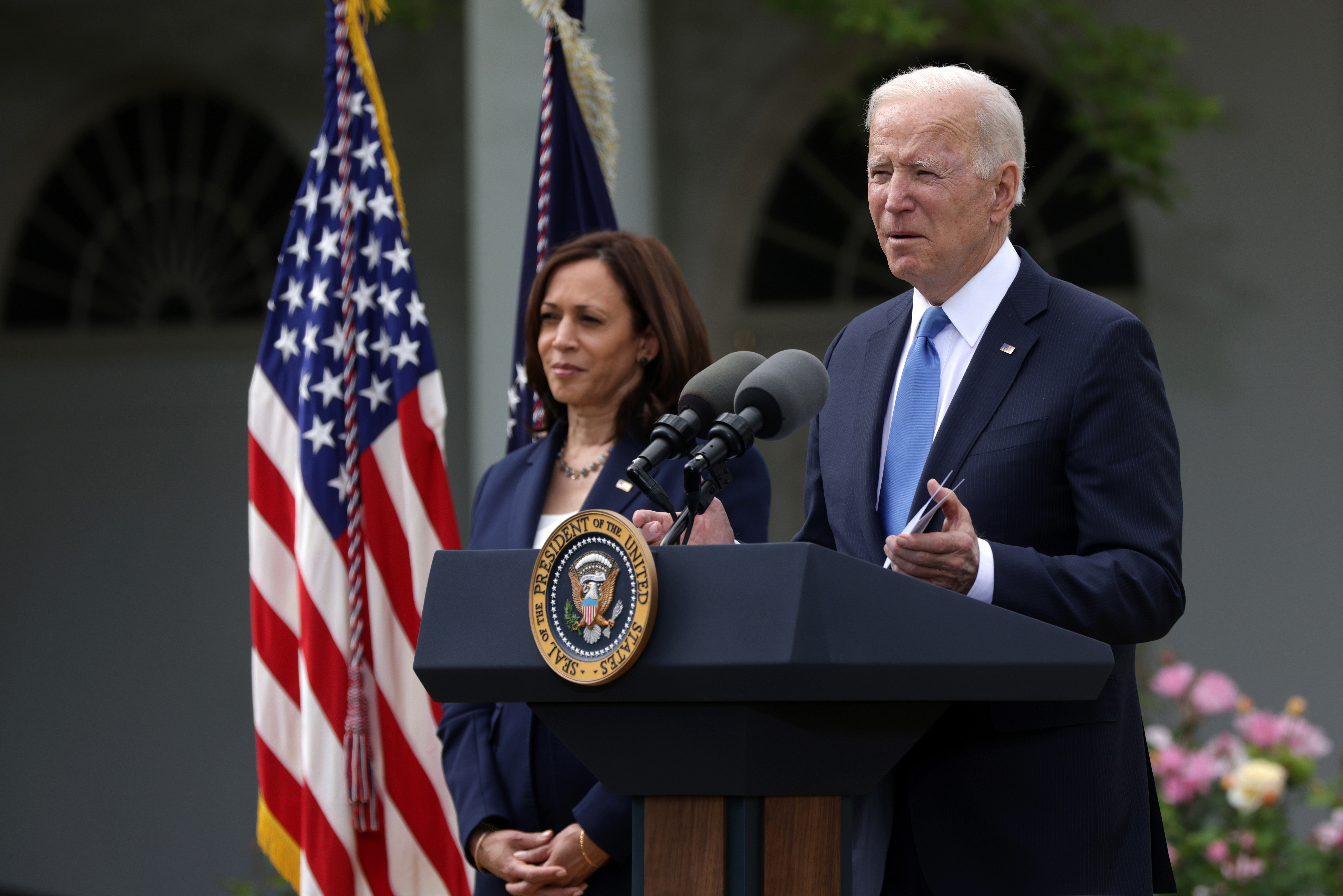 President Joe Biden delivers remarks on the COVID-19 response and vaccination program as Vice President Kamala Harris listens in the Rose Garden of the White House on May 13, 2021 in Washington, DC. 